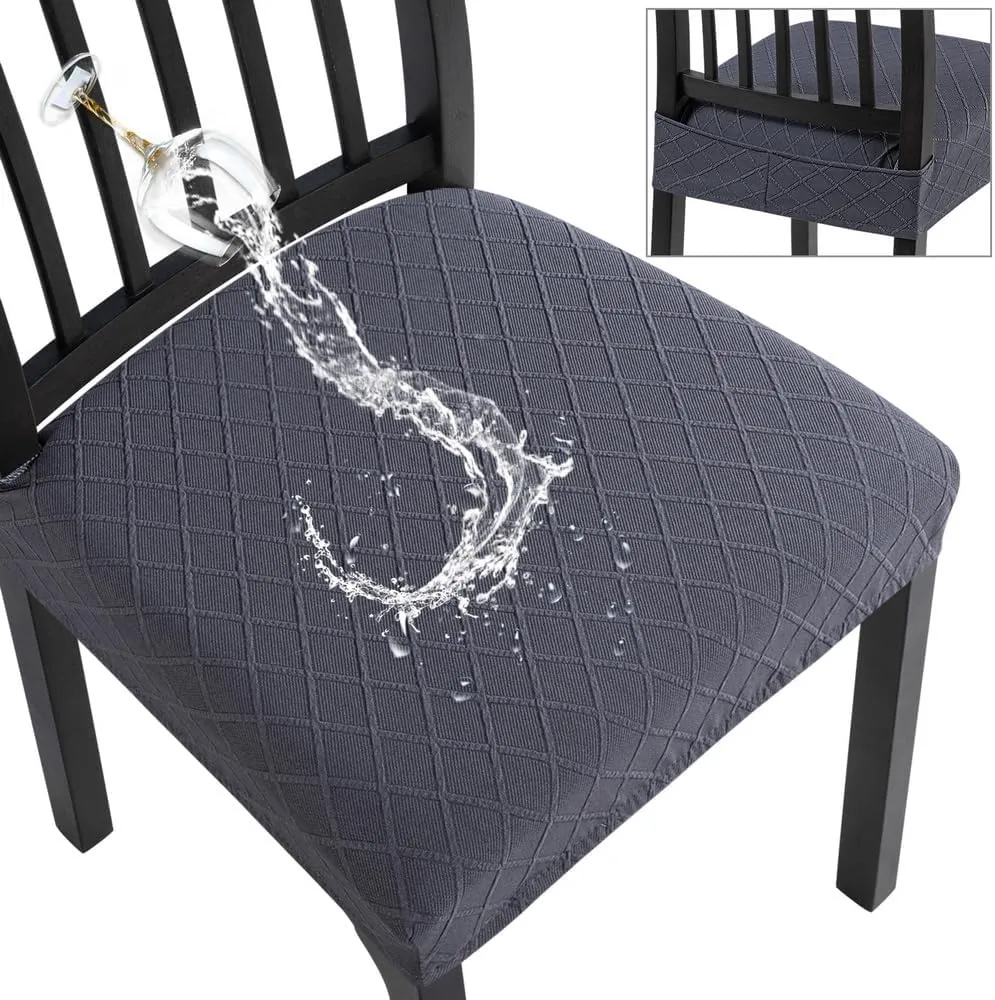 SearchI Waterproof Dining Chair Seat Covers Set of 6, Washable Stretch Seat Covers for Dining Chairs, Rear-Covered Dining Room Seat Cover Protector(Check Deep Grey)