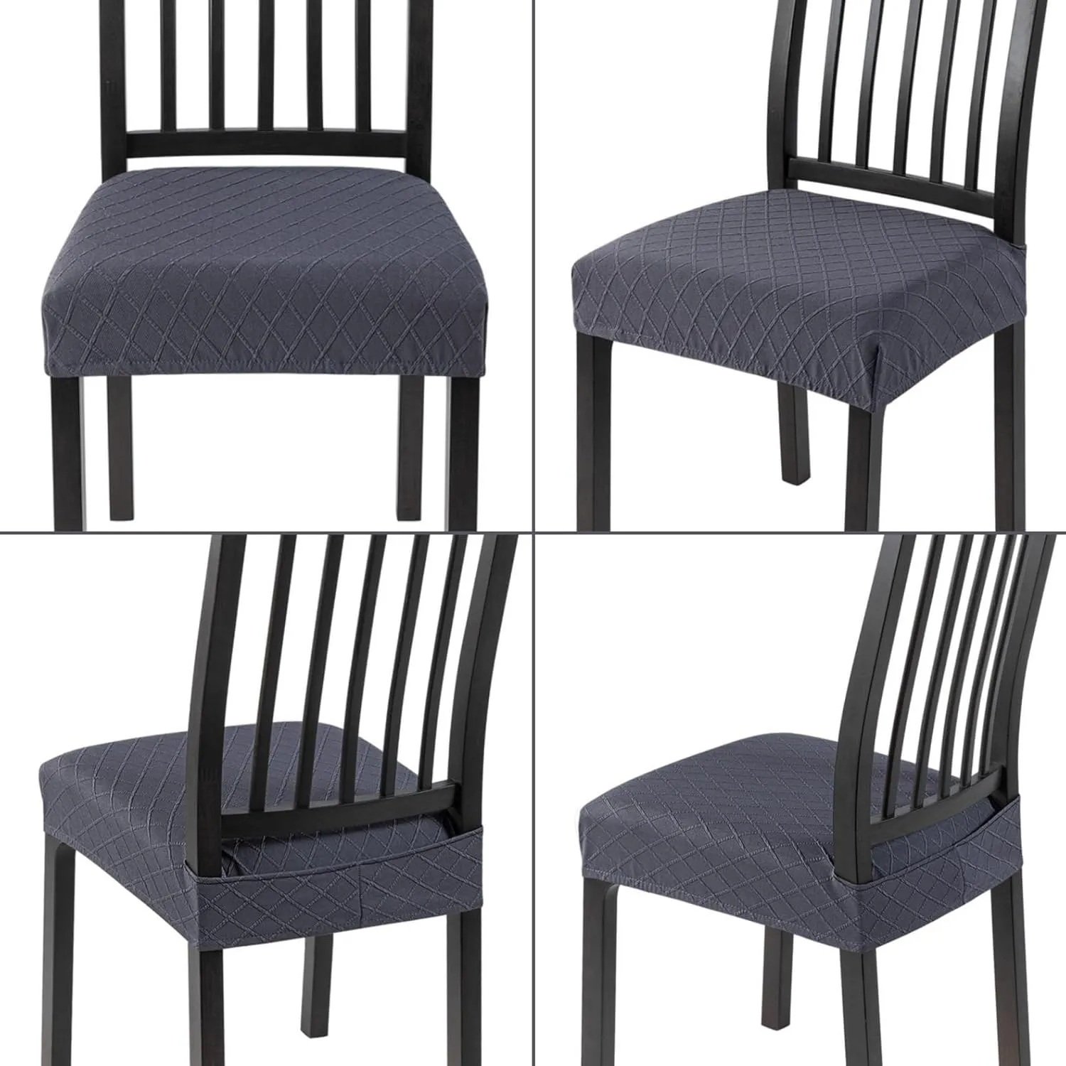 SearchI Waterproof Dining Chair Seat Covers Set of 6, Washable Stretch Seat Covers for Dining Chairs, Rear-Covered Dining Room Seat Cover Protector(Check Deep Grey)