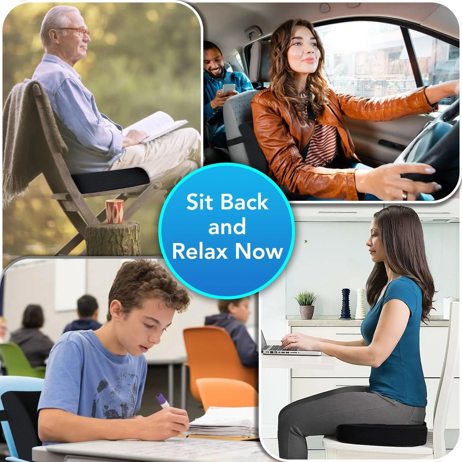 Seat Cushion & Lumbar Support Pillow for Office Chair, Car, Wheelchair Memory Foam Desk Chair Cushion for Sciatica, Lower Back & Tailbone Pain Relief Desk Pad with Adjustable Strap 3D Washable Cover
