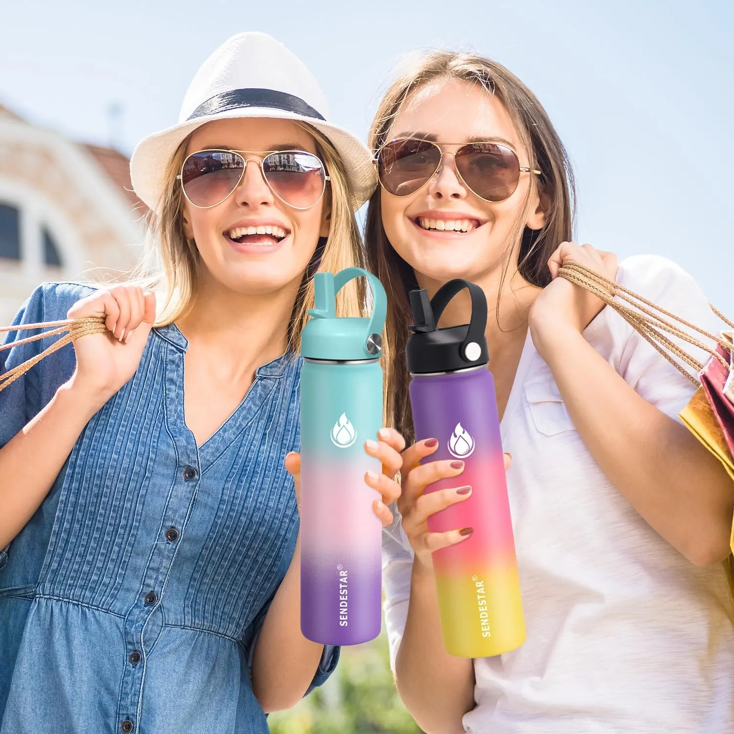 SENDESTAR Stainless Steel Wide Mouth Water Bottle 32oz Double Wall Vacuum Insulated Leak Proof Bottle with New Flex Straw Lid & Spout Lid XIN-WP-32OZ-1