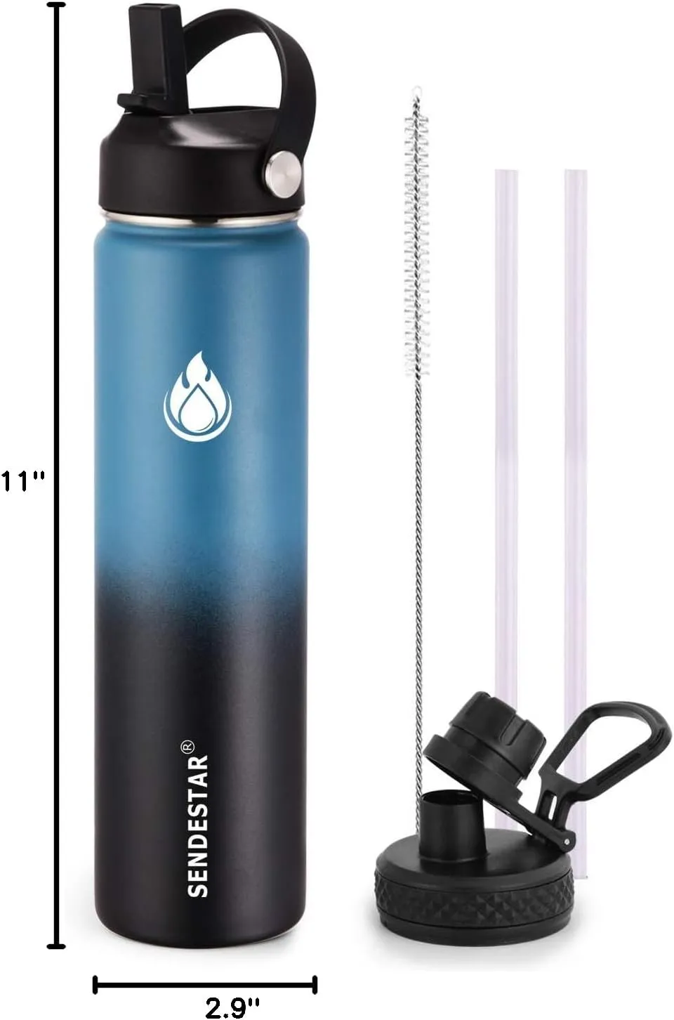 SENDESTAR Water Bottle 24oz Double Wall Vacuum Insulated Leak Proof Stainless Steel Sports Water Bottle—Wide Mouth with New Flex Straw Lid & Spout Lid (Deep Blue&Black)