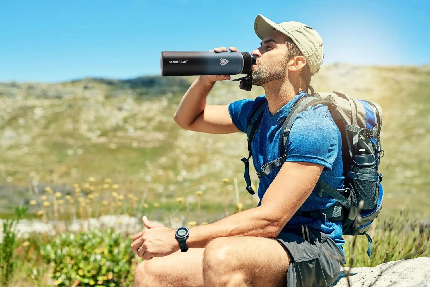 SENDESTAR Water Bottle 24oz Double Wall Vacuum Insulated Leak Proof Stainless Steel Sports Water Bottle—Wide Mouth with New Flex Straw Lid & Spout Lid (Deep Blue&Black)