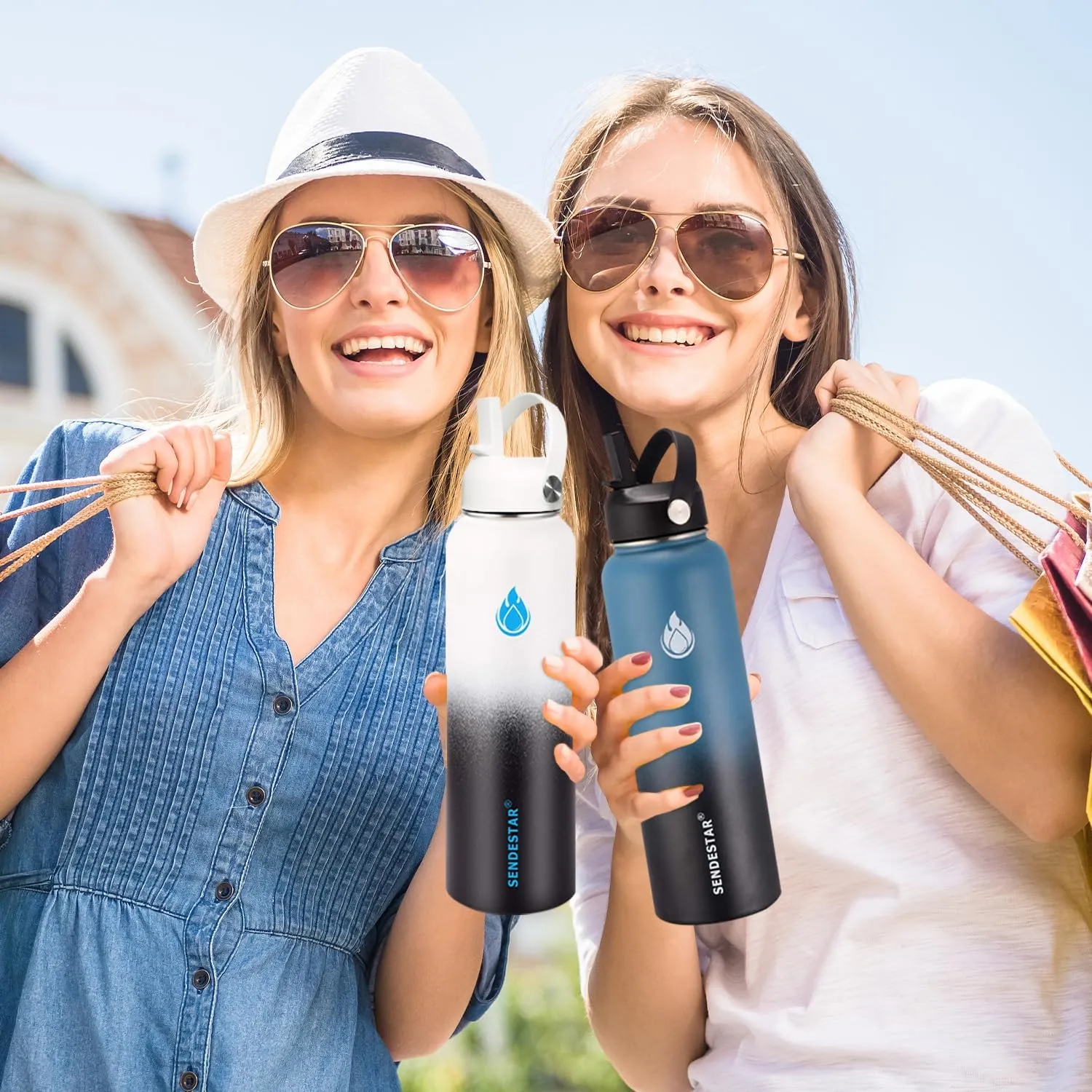 SENDESTAR Water Bottle 24oz Double Wall Vacuum Insulated Leak Proof Stainless Steel Sports Water Bottle—Wide Mouth with New Flex Straw Lid & Spout Lid (Deep Blue&Black)