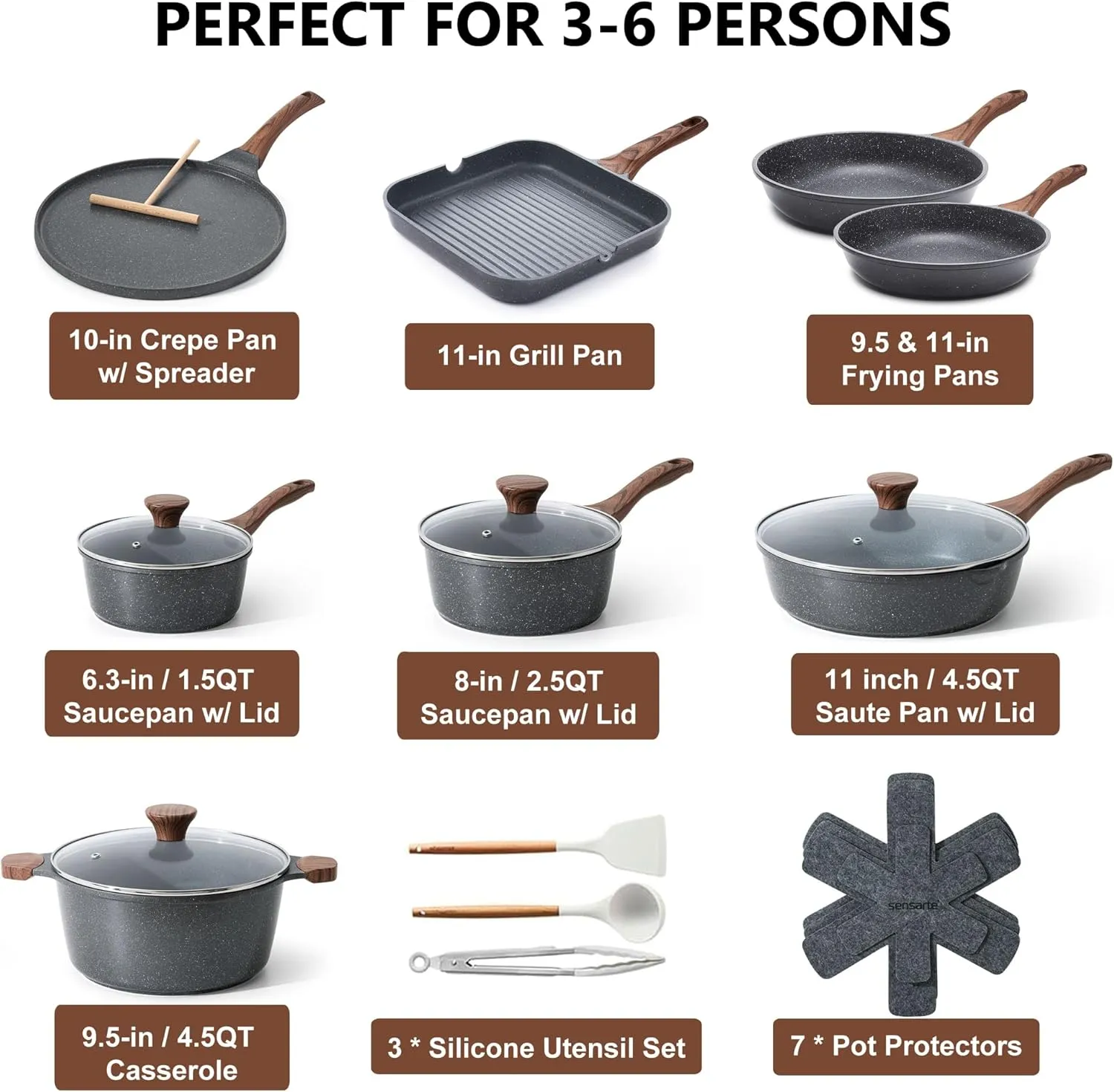 SENSARTE Nonstick Cookware Set 23-Piece, Non Stick Pots and Pans Set with Swiss Granite Coating, Non-toxic Kitchen Cooking Set, Stay-Cool Handles, PFOA Free