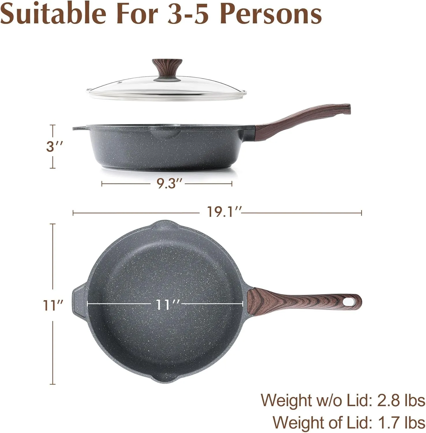 SENSARTE Nonstick Deep Frying Pan Skillet, 11-inch Saute Pan with Lid, Stay-cool Handle, Chef Pan Healthy Stone Cookware Cooking Pan, Induction Compatible, PFOA Free