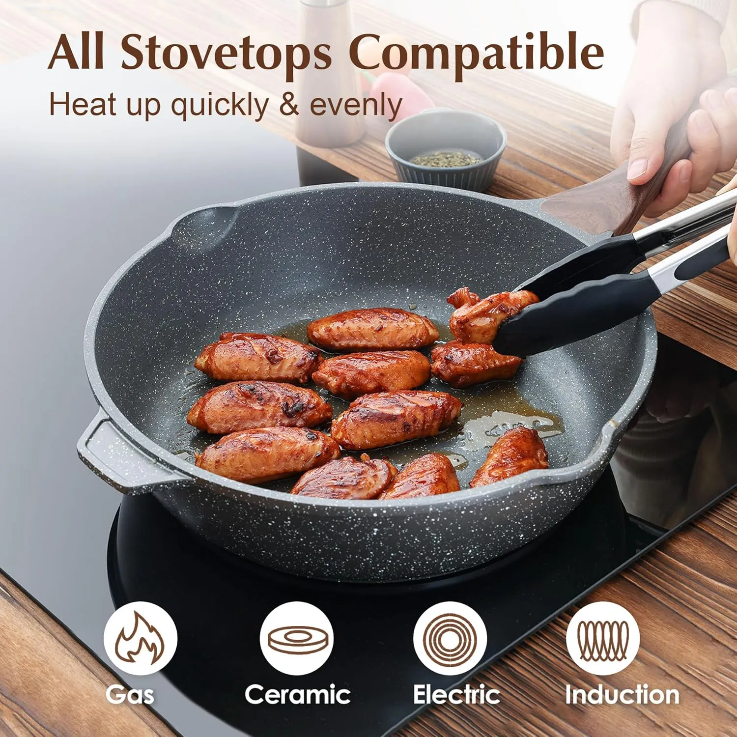 SENSARTE Nonstick Deep Frying Pan Skillet, 11-inch Saute Pan with Lid, Stay-cool Handle, Chef Pan Healthy Stone Cookware Cooking Pan, Induction Compatible, PFOA Free