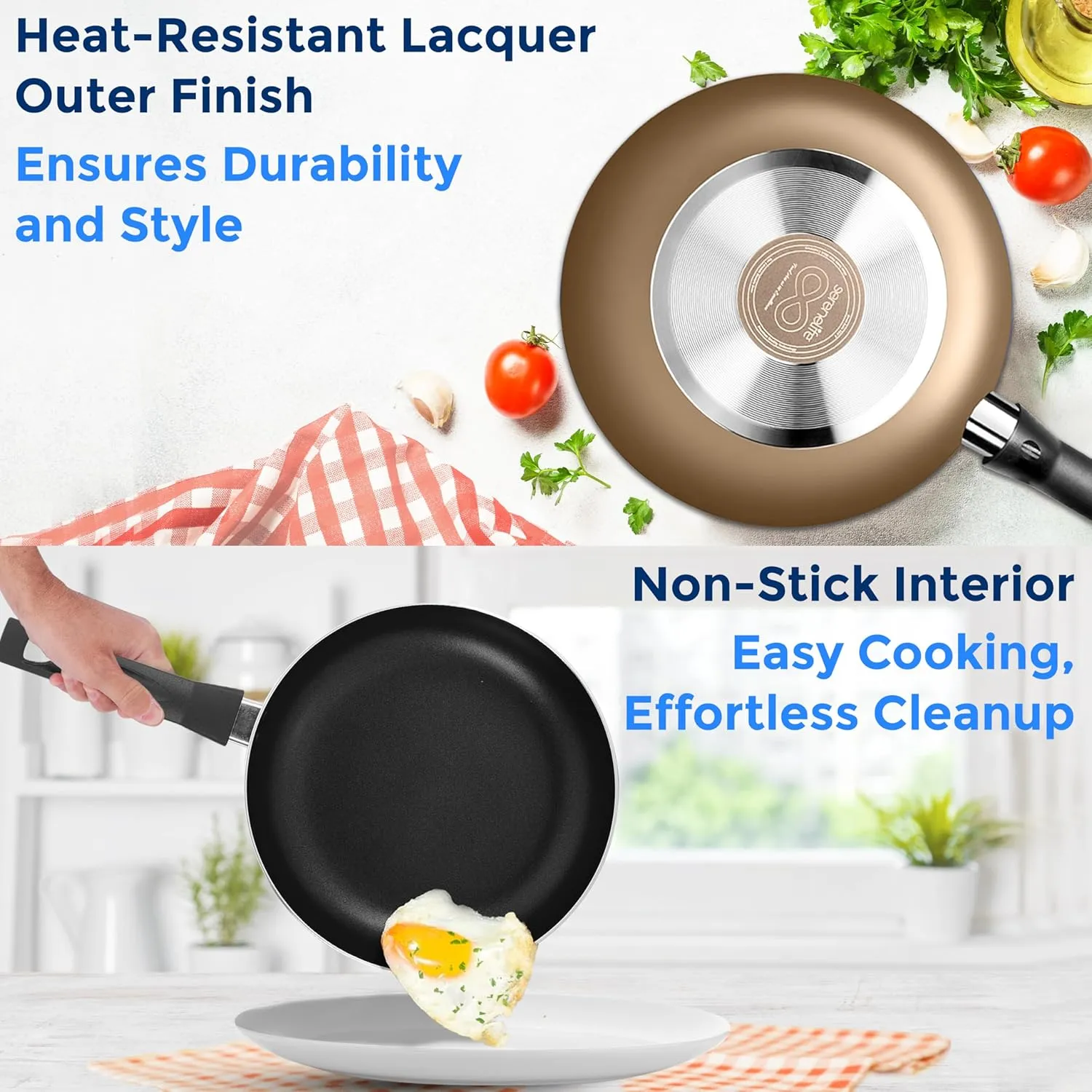 SereneLife Kitchenware Pots & Pans Basic Kitchen Cookware, Black Non-Stick Coating Inside, Heat Resistant Lacquer (11-Piece Set), One Size, Gold