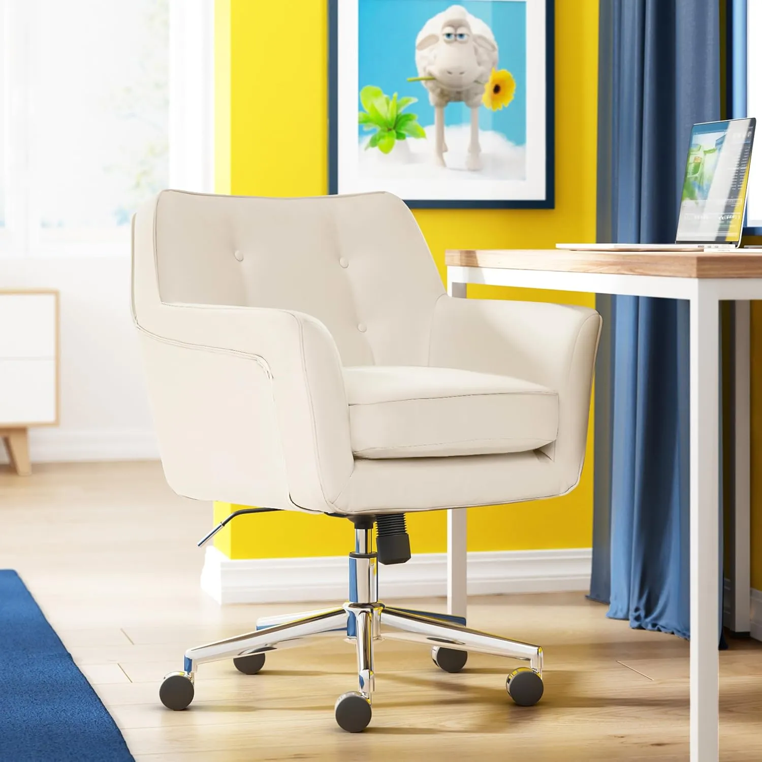 Serta Ashland Home Office Desk Chair with Button Tufted Back, Memory Foam Cushion and Padded Arms, Mid Century Modern Vanity Armchair with Wheels for Bedroom, Chrome Metal Base, Cream