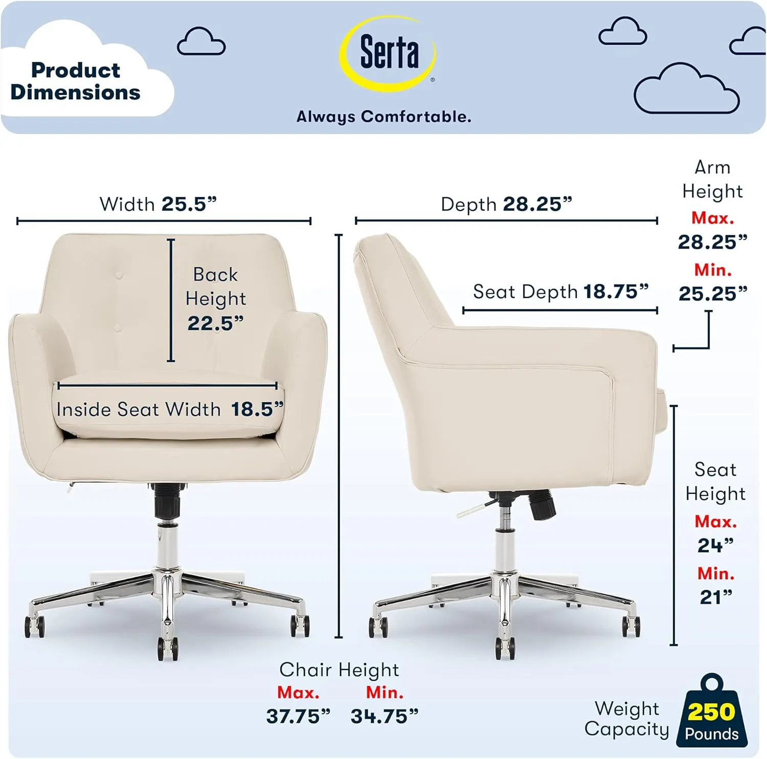Serta Ashland Home Office Desk Chair with Button Tufted Back, Memory Foam Cushion and Padded Arms, Mid Century Modern Vanity Armchair with Wheels for Bedroom, Chrome Metal Base, Cream