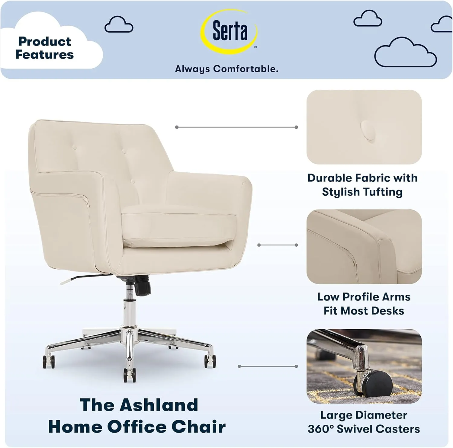 Serta Ashland Home Office Desk Chair with Button Tufted Back, Memory Foam Cushion and Padded Arms, Mid Century Modern Vanity Armchair with Wheels for Bedroom, Chrome Metal Base, Cream