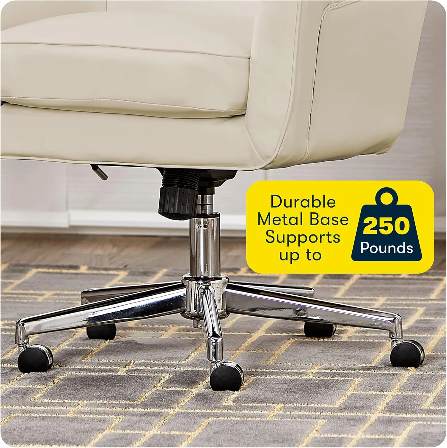 Serta Ashland Home Office Desk Chair with Button Tufted Back, Memory Foam Cushion and Padded Arms, Mid Century Modern Vanity Armchair with Wheels for Bedroom, Chrome Metal Base, Cream