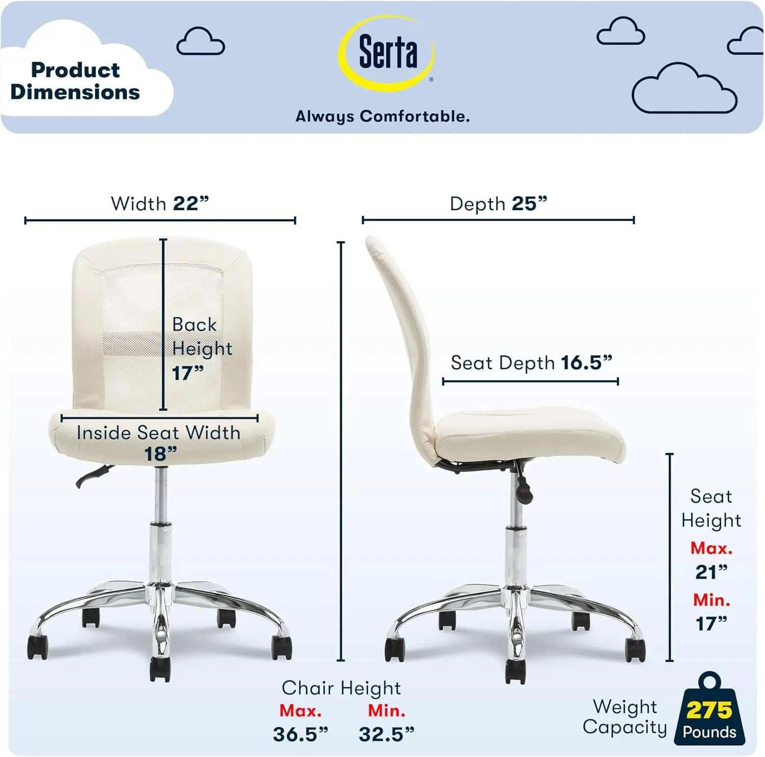Serta Essential Armless DeskChair, Small Task Chair with Wheels, Breathable Mesh Back, SertaQuality Foam Cushion Seat for Comfort, Functional, Lightweight and Versatile, Cream White