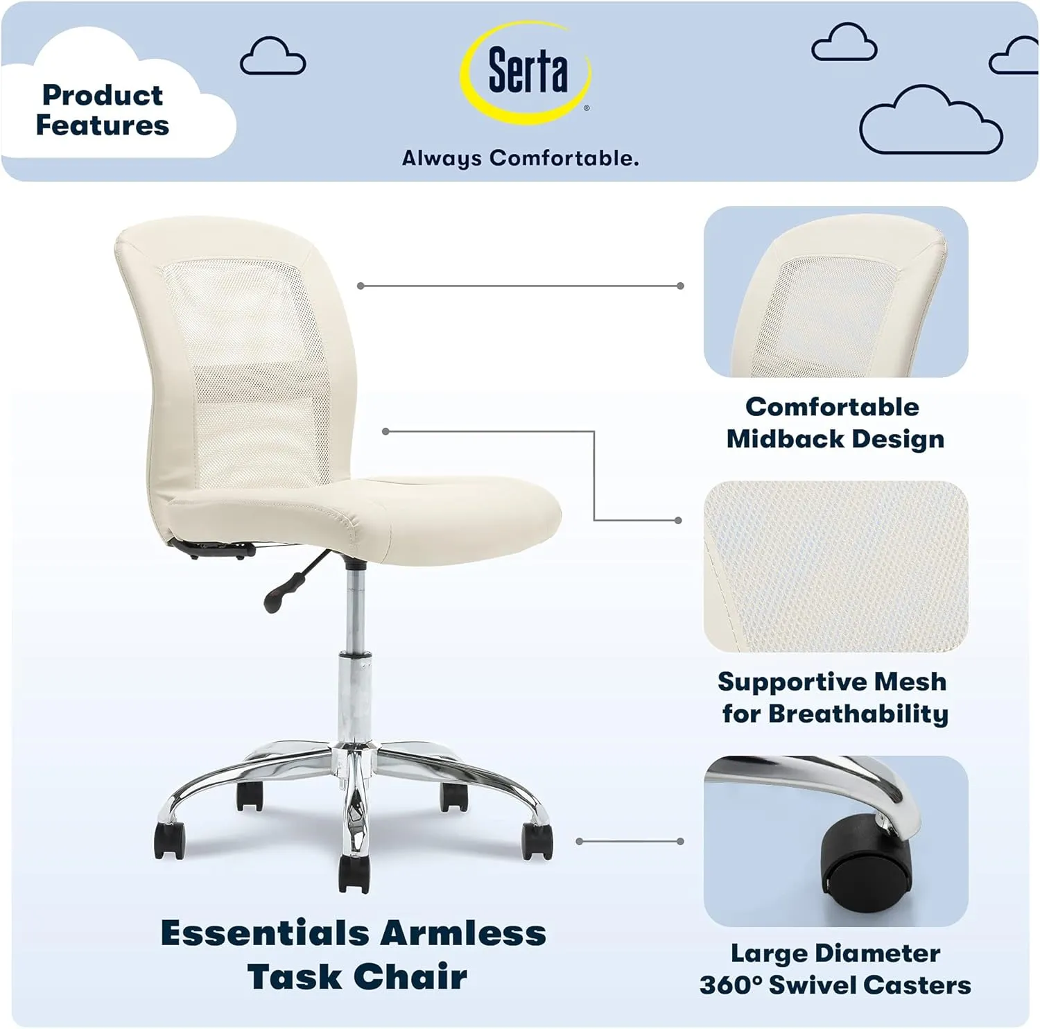 Serta Essential Armless DeskChair, Small Task Chair with Wheels, Breathable Mesh Back, SertaQuality Foam Cushion Seat for Comfort, Functional, Lightweight and Versatile, Cream White