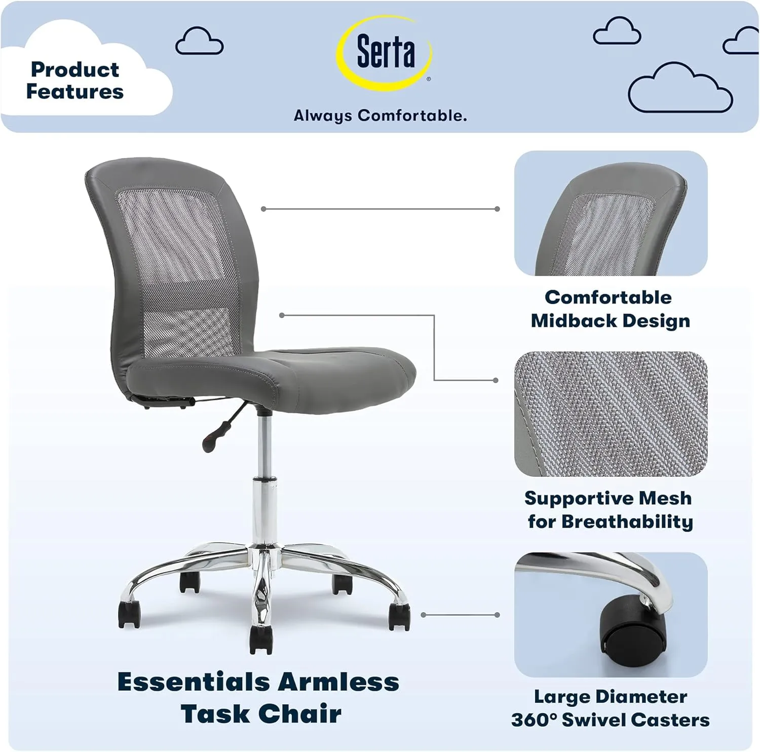 Serta Essential Armless DeskChair, Small Task Chair with Wheels, Breathable Mesh Back, SertaQuality Foam Cushion Seat for Comfort, Functional, Lightweight and Versatile, Gray