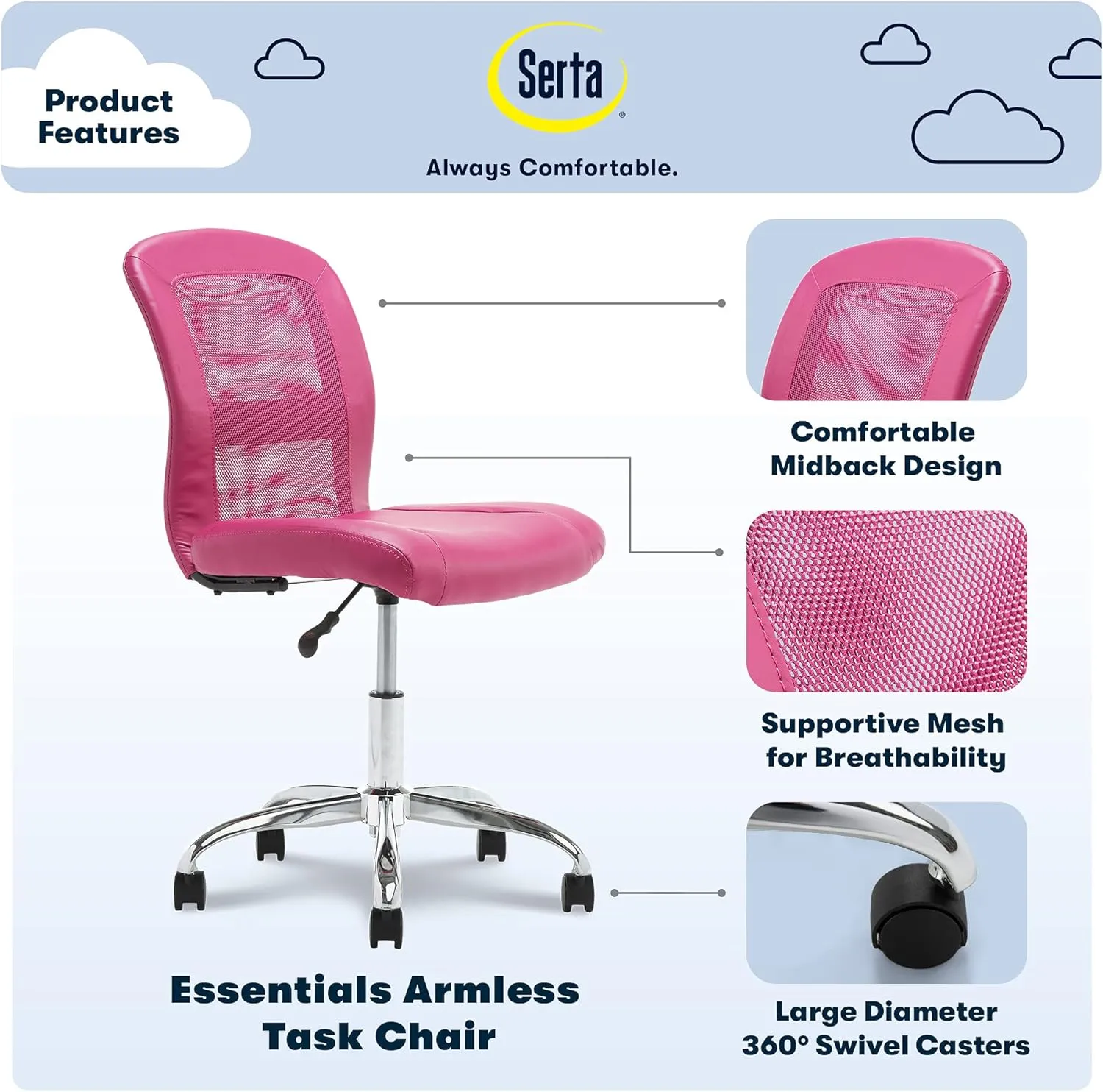 Serta Essential Armless DeskChair, Small Task Chair with Wheels, Breathable Mesh Back, SertaQuality Foam Cushion Seat for Comfort, Functional, Lightweight and Versatile, Pink
