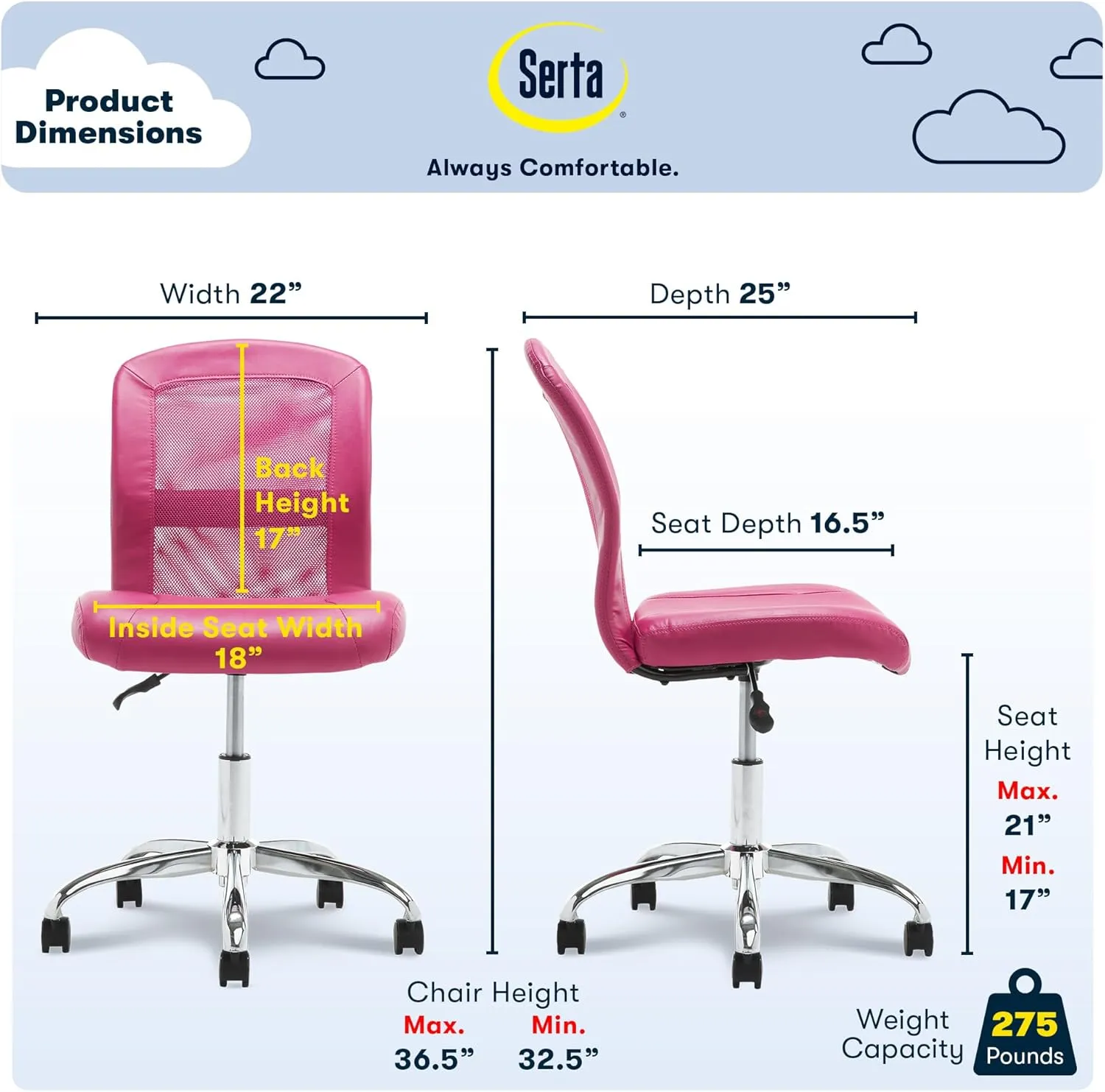 Serta Essential Armless DeskChair, Small Task Chair with Wheels, Breathable Mesh Back, SertaQuality Foam Cushion Seat for Comfort, Functional, Lightweight and Versatile, Pink