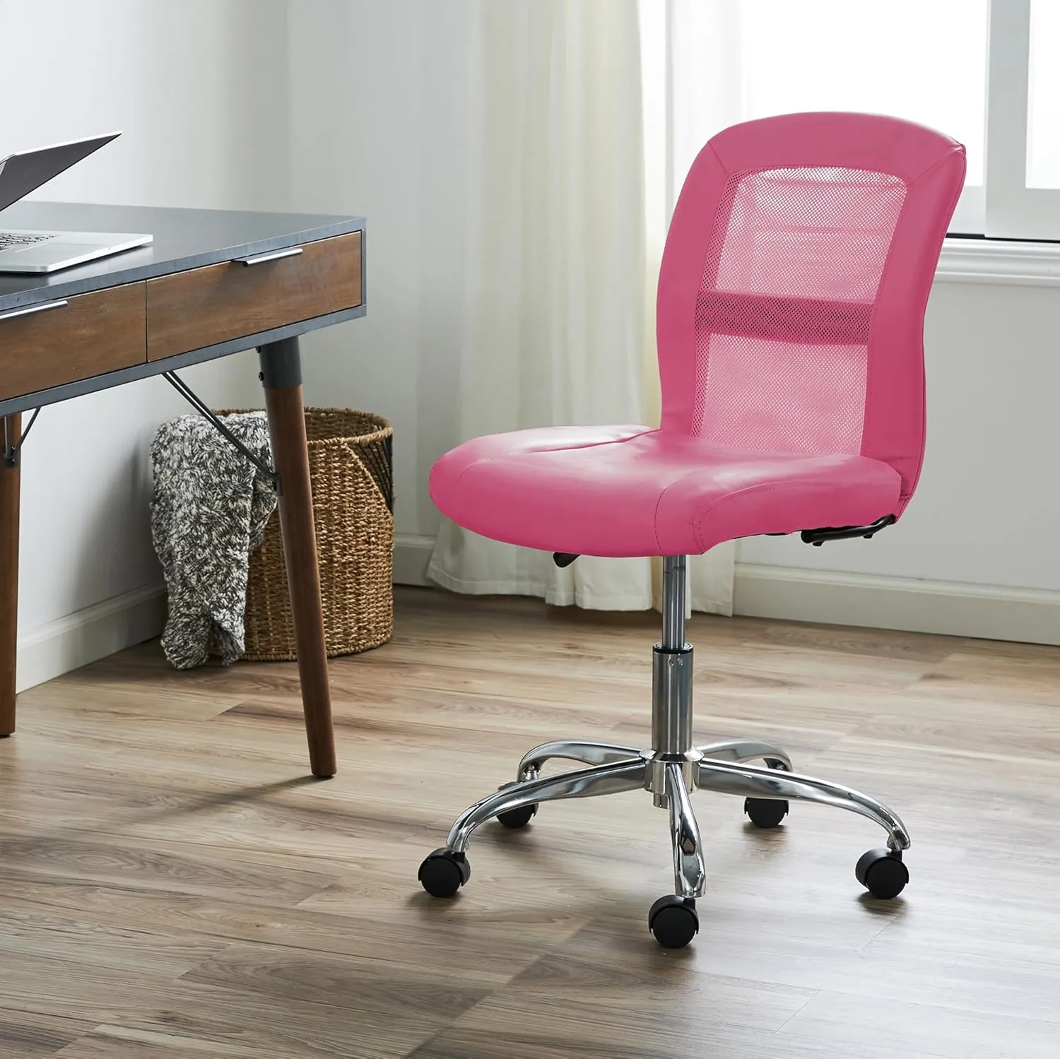 Serta Essential Armless DeskChair, Small Task Chair with Wheels, Breathable Mesh Back, SertaQuality Foam Cushion Seat for Comfort, Functional, Lightweight and Versatile, Pink