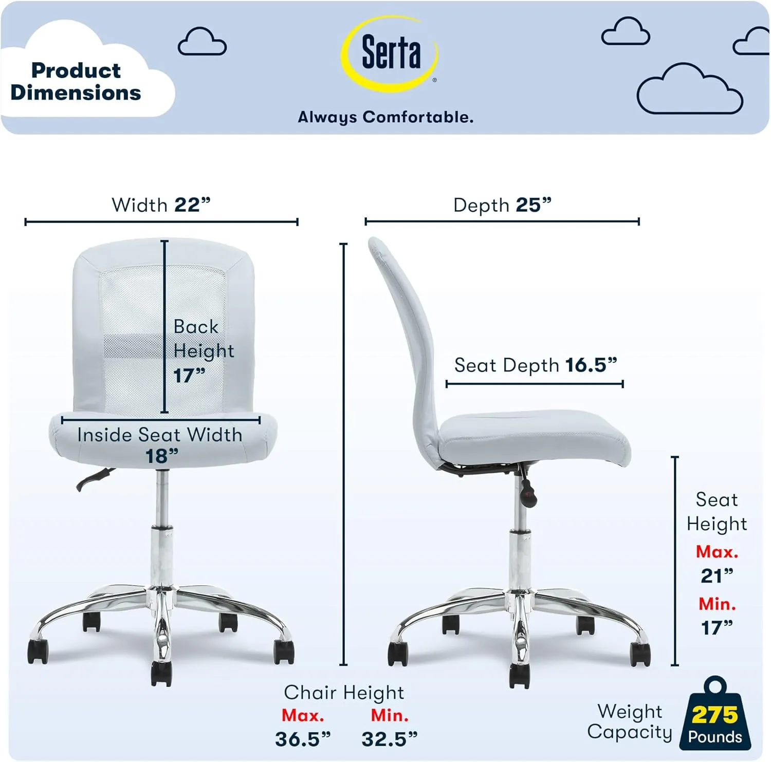 Serta Essential Armless DeskChair, Small Task Chair with Wheels, Breathable Mesh Back, SertaQuality Foam Cushion Seat for Comfort, Functional, Lightweight and Versatile, Sky Blue
