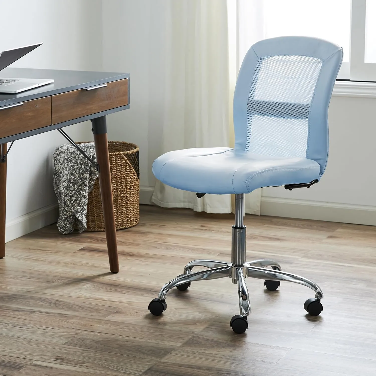 Serta Essential Armless DeskChair, Small Task Chair with Wheels, Breathable Mesh Back, SertaQuality Foam Cushion Seat for Comfort, Functional, Lightweight and Versatile, Sky Blue