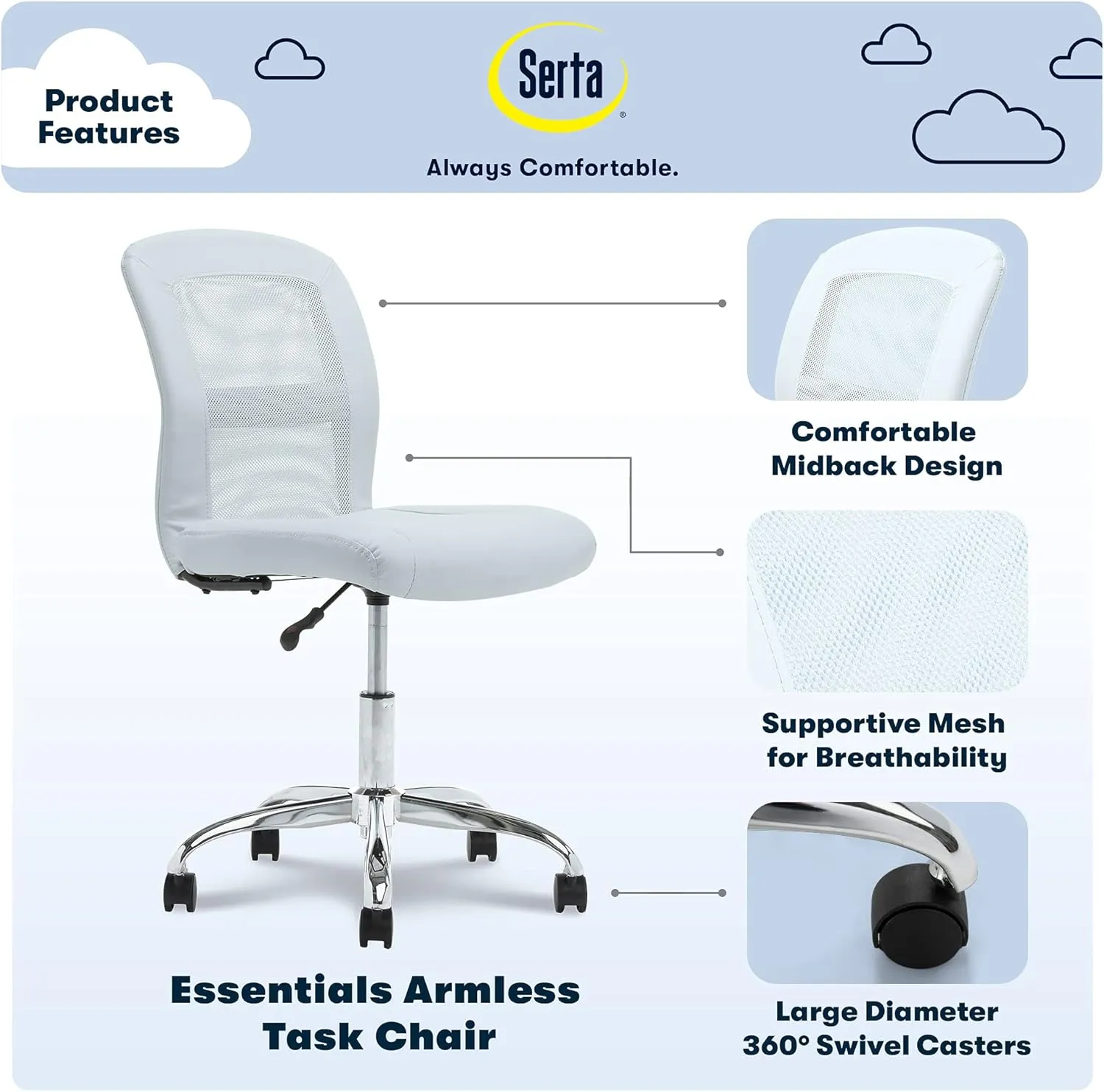 Serta Essential Armless DeskChair, Small Task Chair with Wheels, Breathable Mesh Back, SertaQuality Foam Cushion Seat for Comfort, Functional, Lightweight and Versatile, Sky Blue