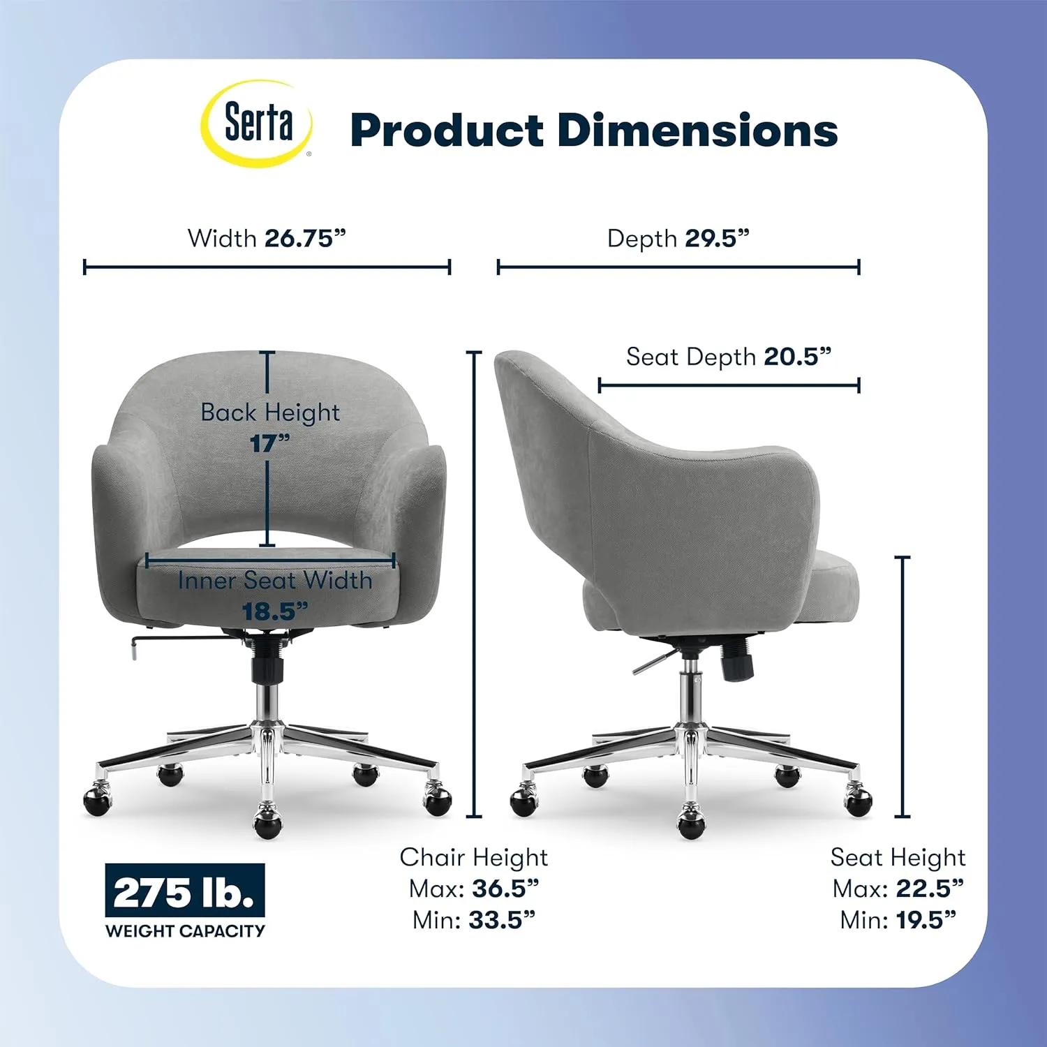 Serta Mia Modern Office Chair, Low-Back Barrel Design, Pocket Coil Seat Cushion, Mid-Century Accent Armchair, Women’s Vanity or MakeupChair, Swivel Chrome Metal Base, Gray Velvet Fabric