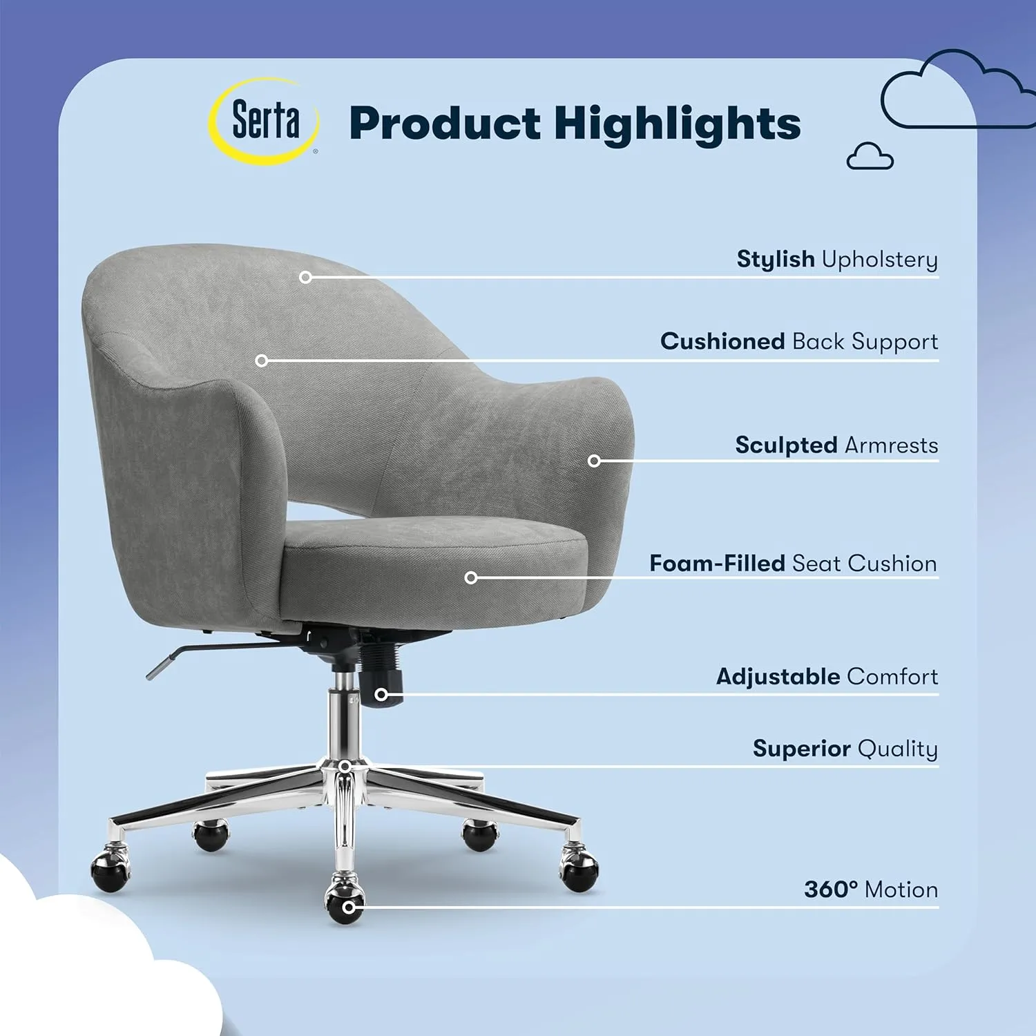 Serta Mia Modern Office Chair, Low-Back Barrel Design, Pocket Coil Seat Cushion, Mid-Century Accent Armchair, Women’s Vanity or MakeupChair, Swivel Chrome Metal Base, Gray Velvet Fabric
