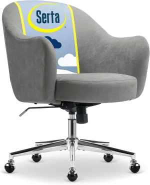 Serta Mia Modern Office Chair, Low-Back Barrel Design, Pocket Coil Seat Cushion, Mid-Century Accent Armchair, Women’s Vanity or MakeupChair, Swivel Chrome Metal Base, Gray Velvet Fabric