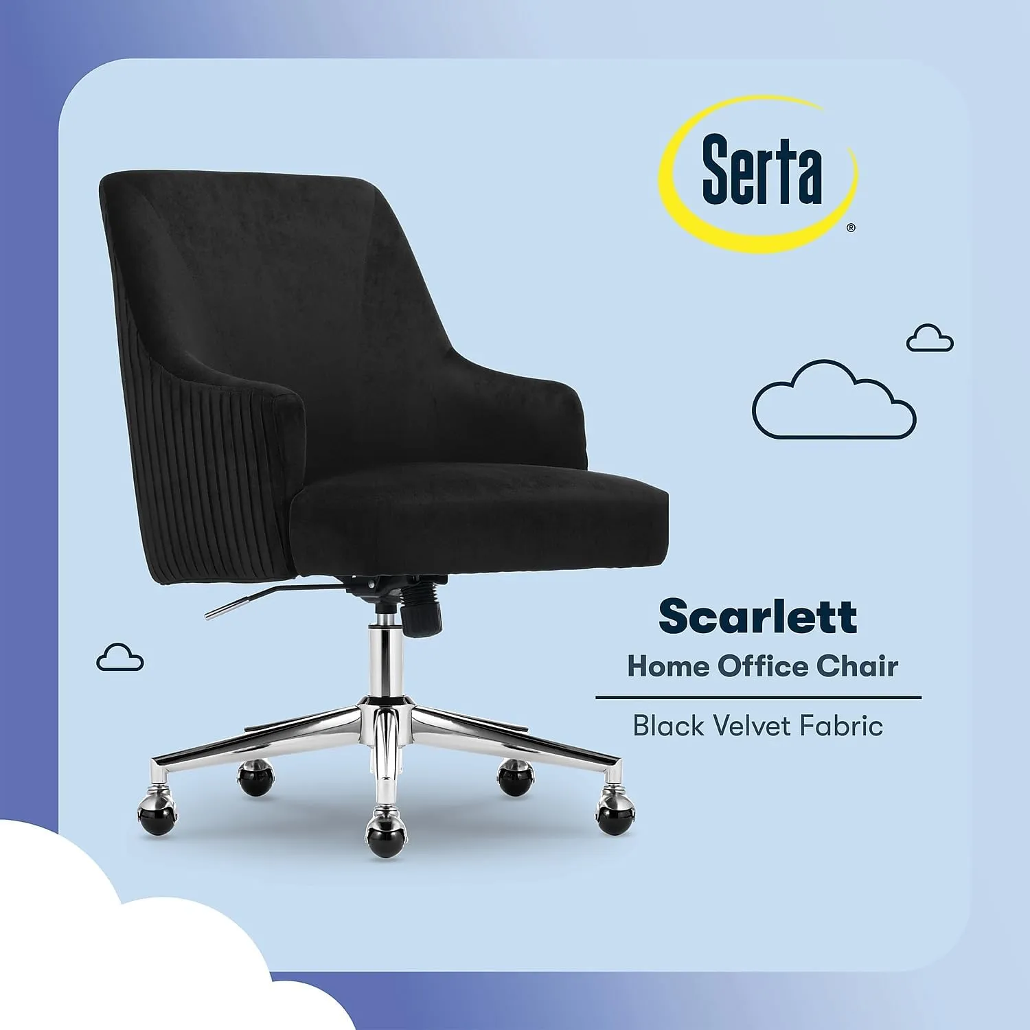 Serta Scarlett Modern Office Chair, Pleated and Curved Mid-Back Desk Chair, Pocket Coil Seat Cushion, Padded Armrests, Vanity Armchair with Wheels, Swivel Chrome Base, Black Velvet Fabric