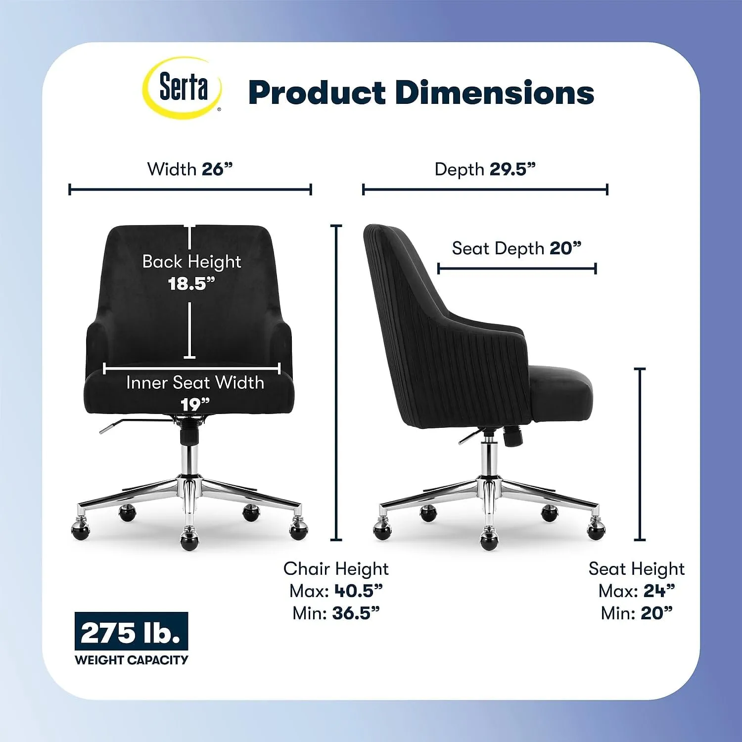 Serta Scarlett Modern Office Chair, Pleated and Curved Mid-Back Desk Chair, Pocket Coil Seat Cushion, Padded Armrests, Vanity Armchair with Wheels, Swivel Chrome Base, Black Velvet Fabric