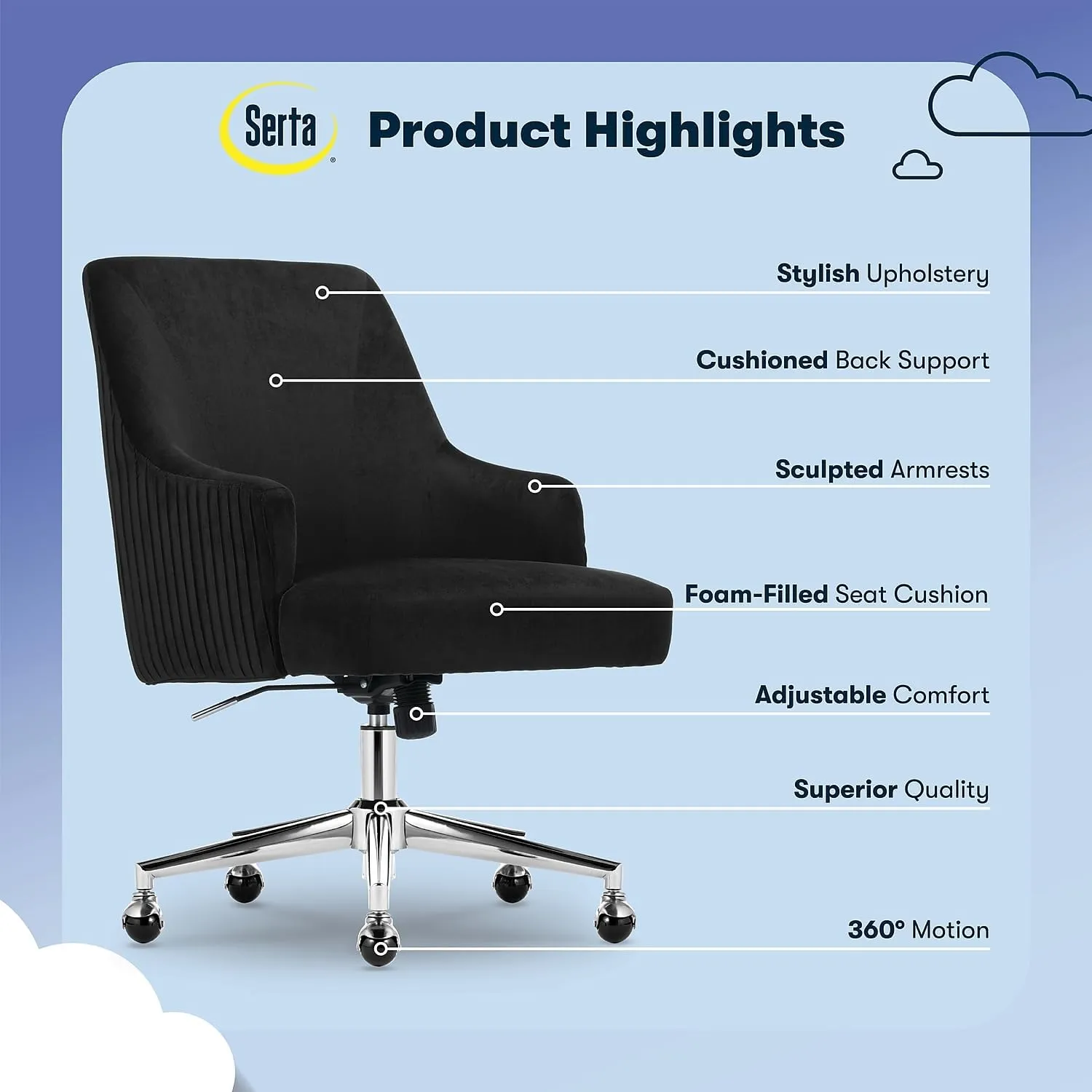 Serta Scarlett Modern Office Chair, Pleated and Curved Mid-Back Desk Chair, Pocket Coil Seat Cushion, Padded Armrests, Vanity Armchair with Wheels, Swivel Chrome Base, Black Velvet Fabric