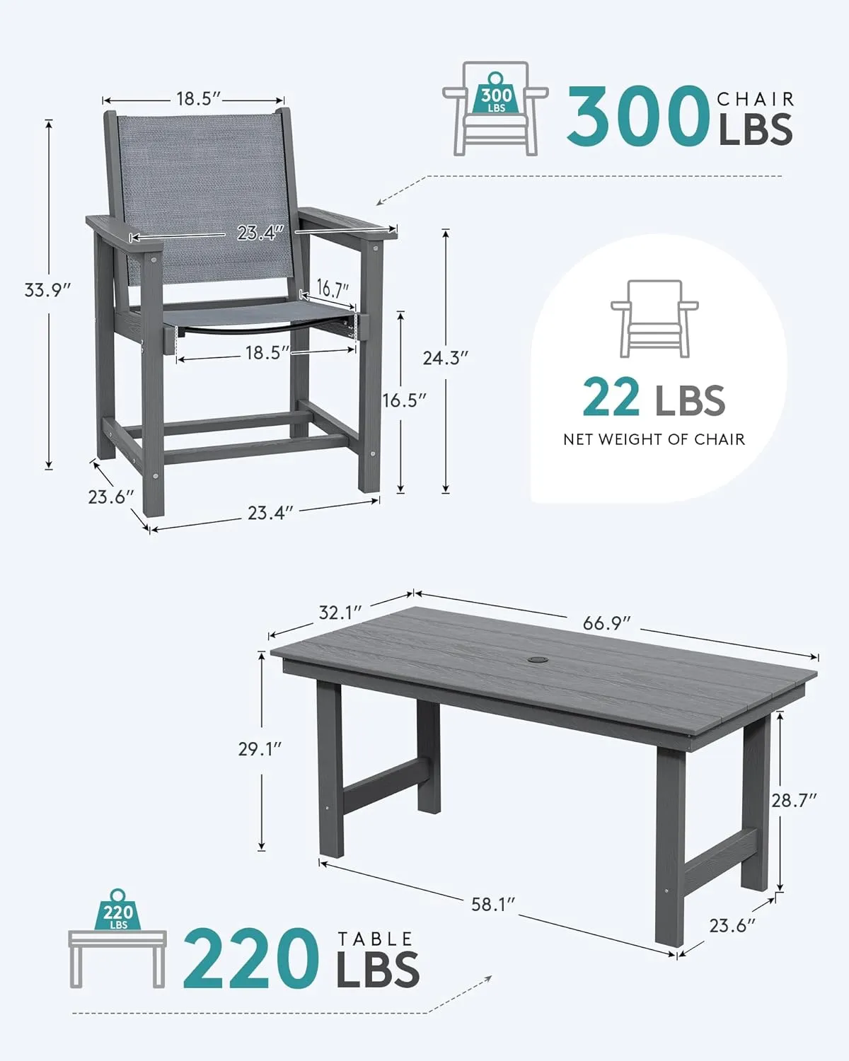 SERWALL 7 Piece Outdoor Dining Table Sets for 6 with 1 Umbrella Hole Cut-Out Rectangular Table and 6 Textilene Chairs, HDPE Dining Table Sets for Garden, Backyard, Poolside, Gray