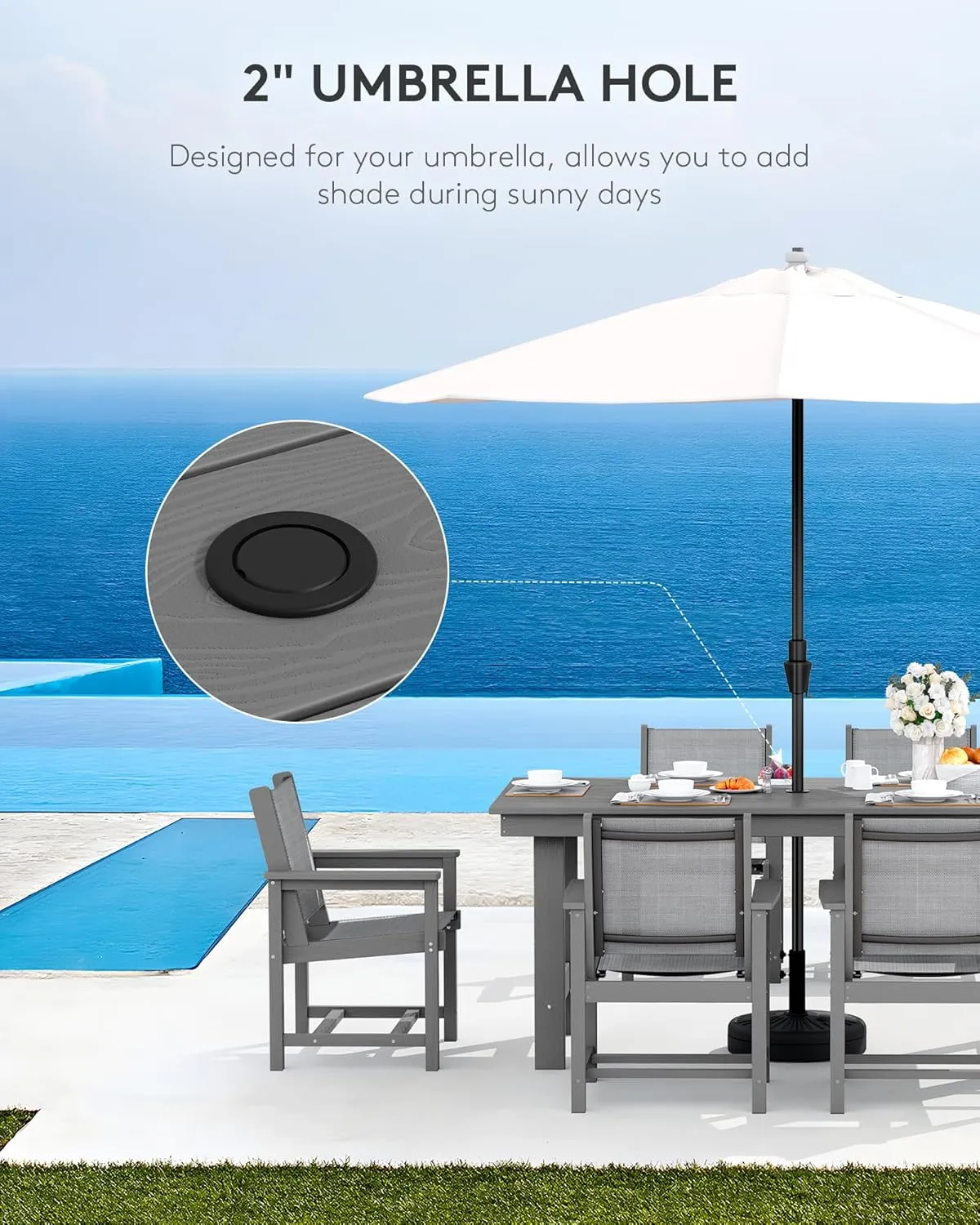 SERWALL 7 Piece Outdoor Dining Table Sets for 6 with 1 Umbrella Hole Cut-Out Rectangular Table and 6 Textilene Chairs, HDPE Dining Table Sets for Garden, Backyard, Poolside, Gray