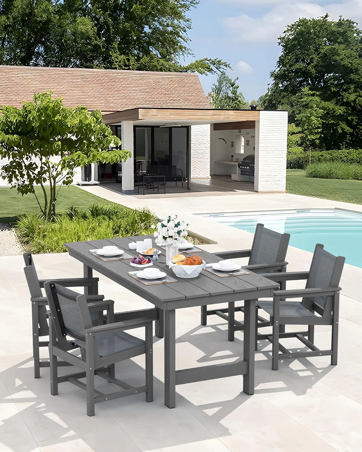 SERWALL 7 Piece Outdoor Dining Table Sets for 6 with 1 Umbrella Hole Cut-Out Rectangular Table and 6 Textilene Chairs, HDPE Dining Table Sets for Garden, Backyard, Poolside, Gray