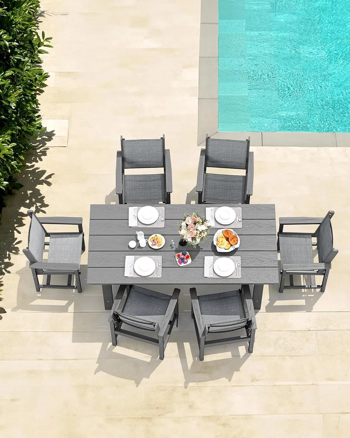 SERWALL 7 Piece Outdoor Dining Table Sets for 6 with 1 Umbrella Hole Cut-Out Rectangular Table and 6 Textilene Chairs, HDPE Dining Table Sets for Garden, Backyard, Poolside, Gray