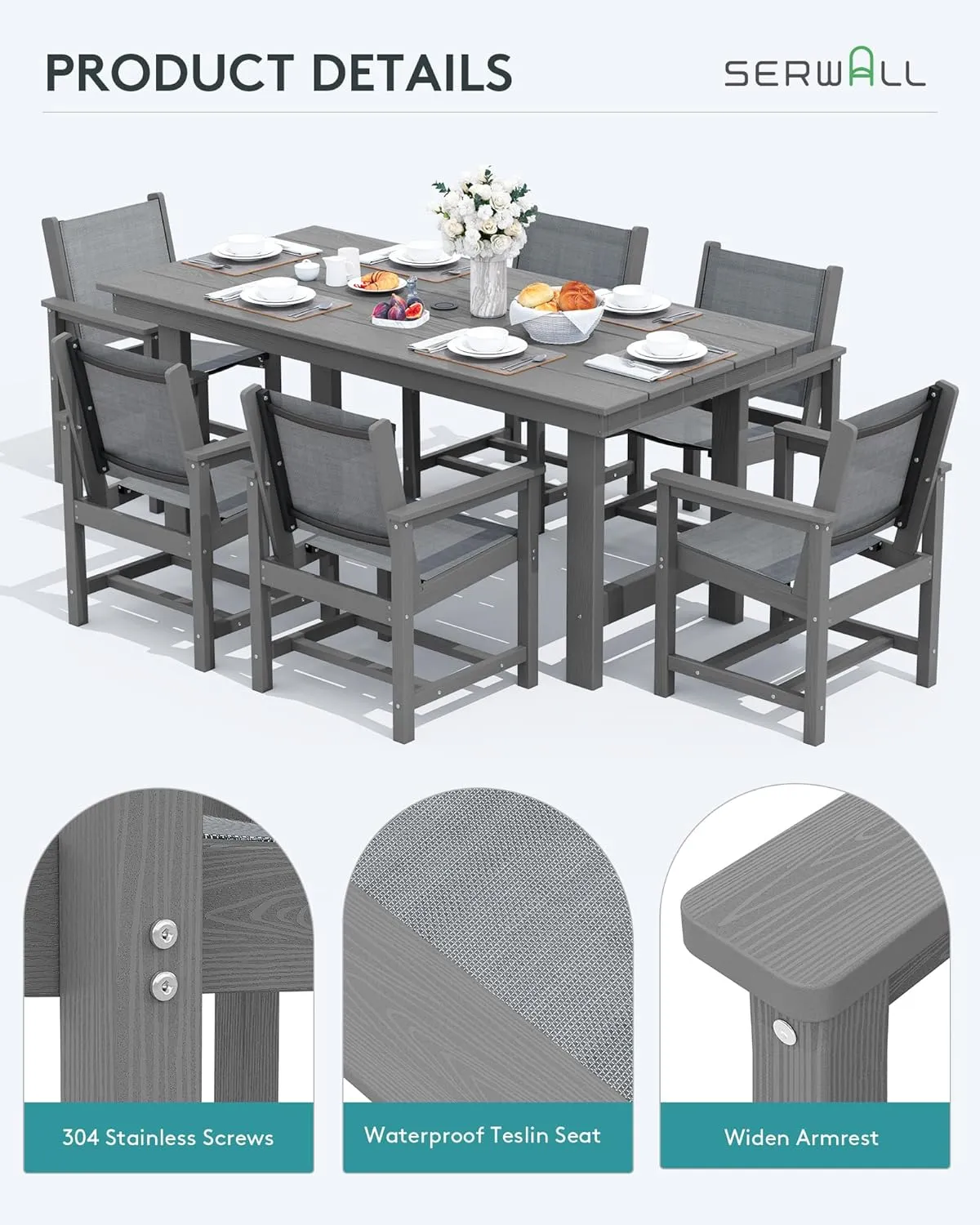 SERWALL 7 Piece Outdoor Dining Table Sets for 6 with 1 Umbrella Hole Cut-Out Rectangular Table and 6 Textilene Chairs, HDPE Dining Table Sets for Garden, Backyard, Poolside, Gray