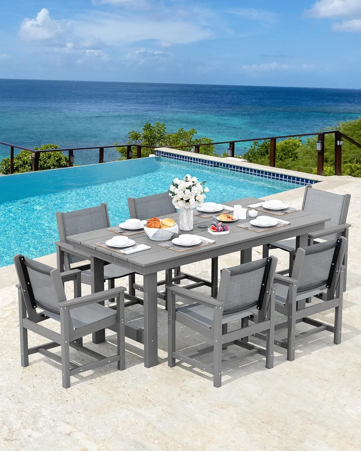 SERWALL 7 Piece Outdoor Dining Table Sets for 6 with 1 Umbrella Hole Cut-Out Rectangular Table and 6 Textilene Chairs, HDPE Dining Table Sets for Garden, Backyard, Poolside, Gray