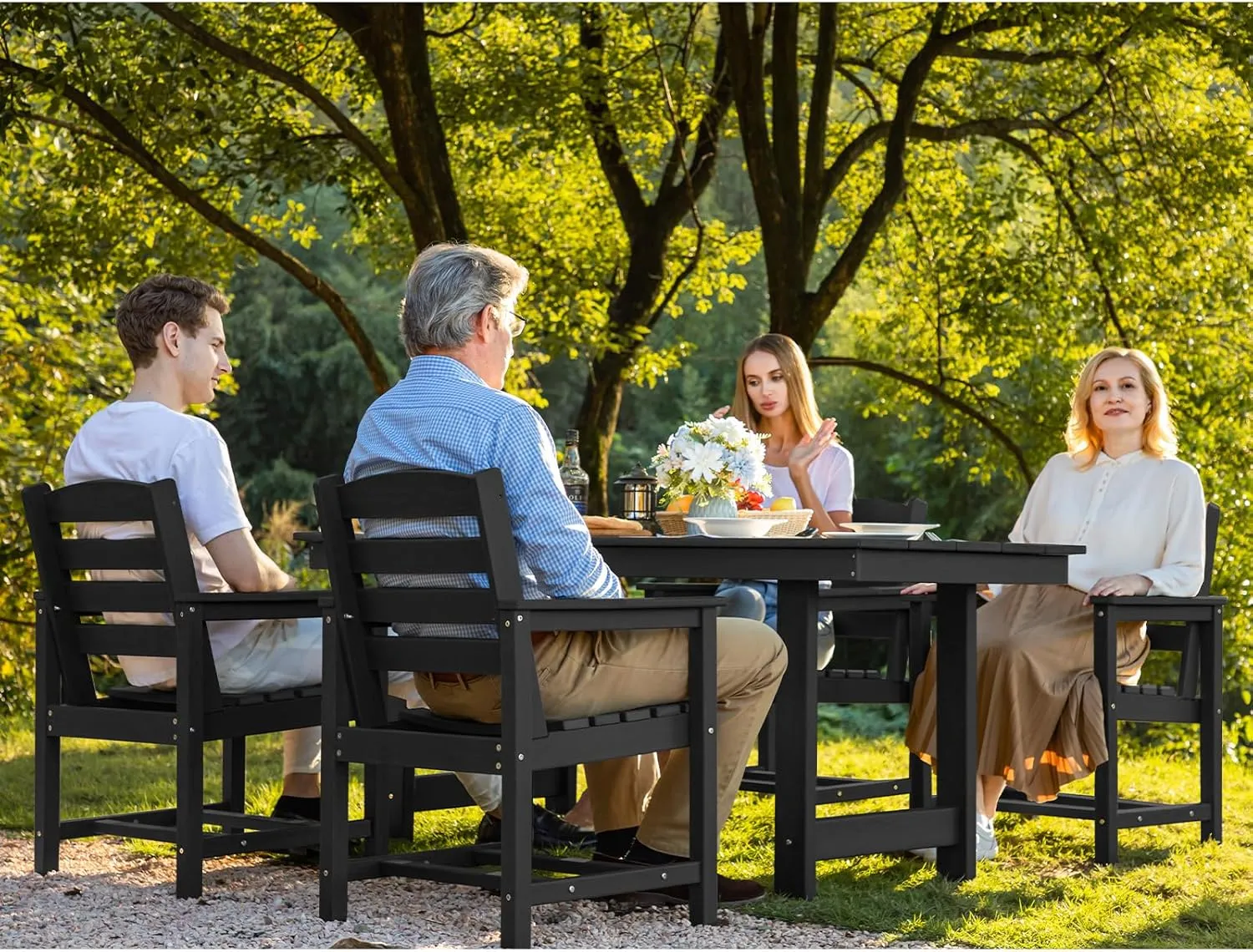 SERWALL 7-Piece Patio Dining Table Sets, Outdoor HDPE Dining Furniture Set with Umbrella Hole Cut-Out Table and 6 Chairs, Black