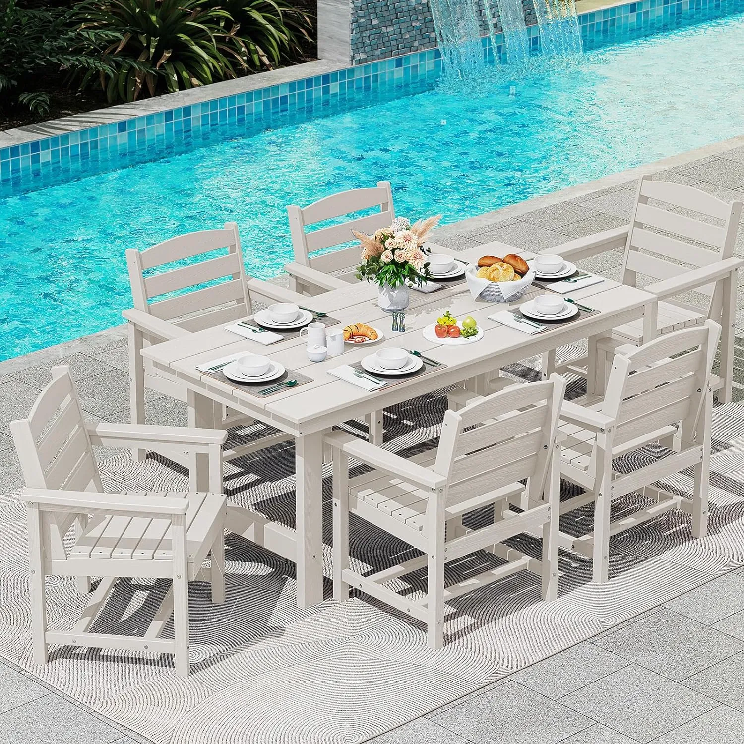 SERWALL 7-Piece Patio Dining Table Sets, Outdoor HDPE Dining Furniture Set with Umbrella Hole Cut-Out Table and 6 Chairs, White