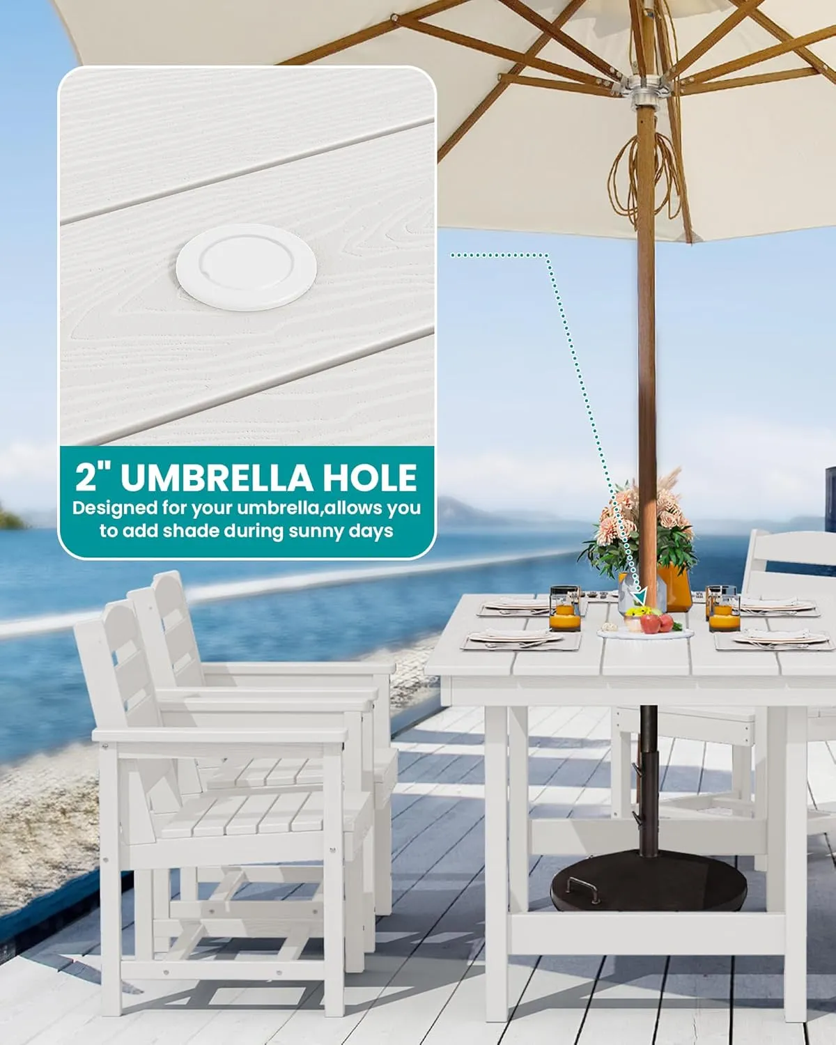 SERWALL 7-Piece Patio Dining Table Sets, Outdoor HDPE Dining Furniture Set with Umbrella Hole Cut-Out Table and 6 Chairs, White