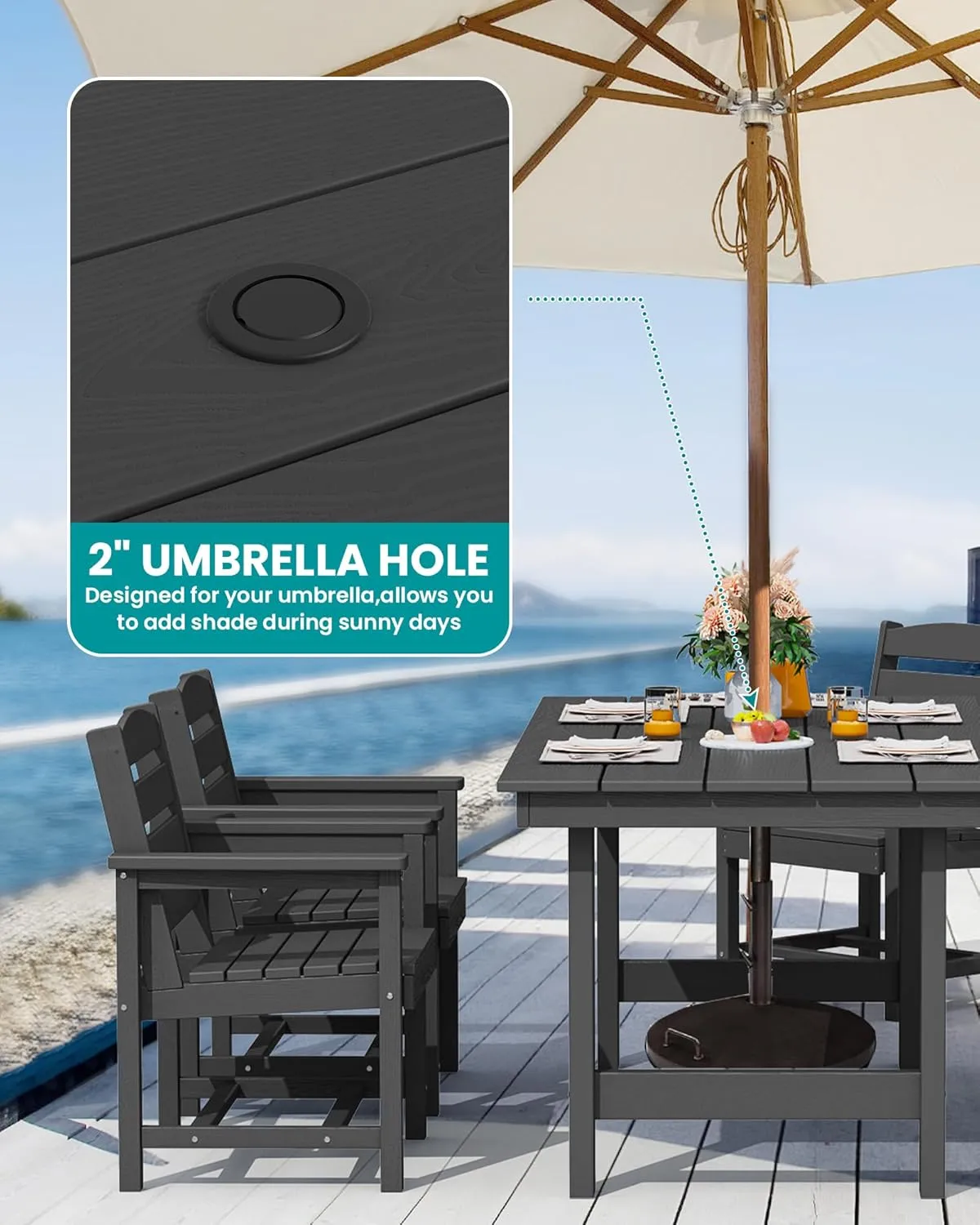 SERWALL 8-Piece Patio Dining Sets with 15FT Double Side Patio Umbrella, Outdoor HDPE Dining Furniture Set with Umbrella Hole Cut-Out Table and 6 Chairs, Black