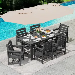 SERWALL 8-Piece Patio Dining Sets with 15FT Double Side Patio Umbrella, Outdoor HDPE Dining Furniture Set with Umbrella Hole Cut-Out Table and 6 Chairs, Black