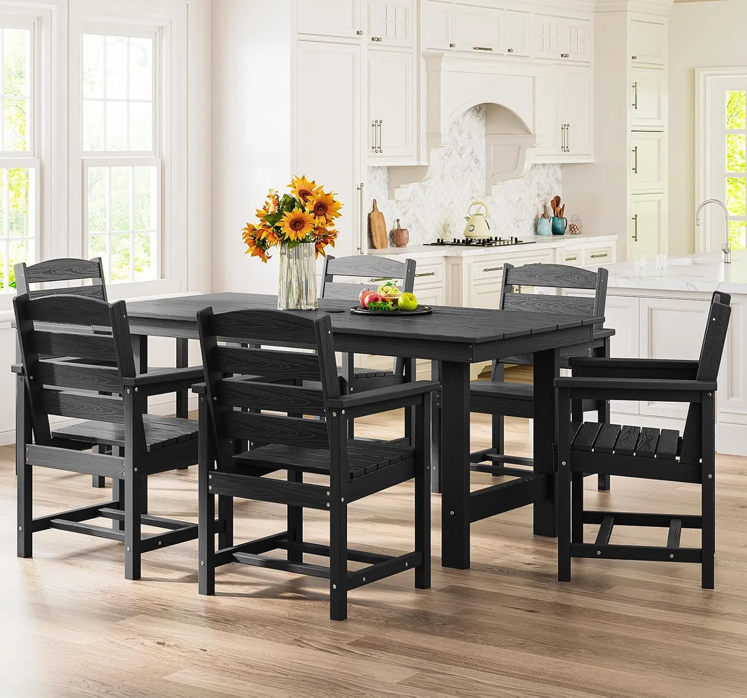 SERWALL 8-Piece Patio Dining Sets with 15FT Double Side Patio Umbrella, Outdoor HDPE Dining Furniture Set with Umbrella Hole Cut-Out Table and 6 Chairs, Black