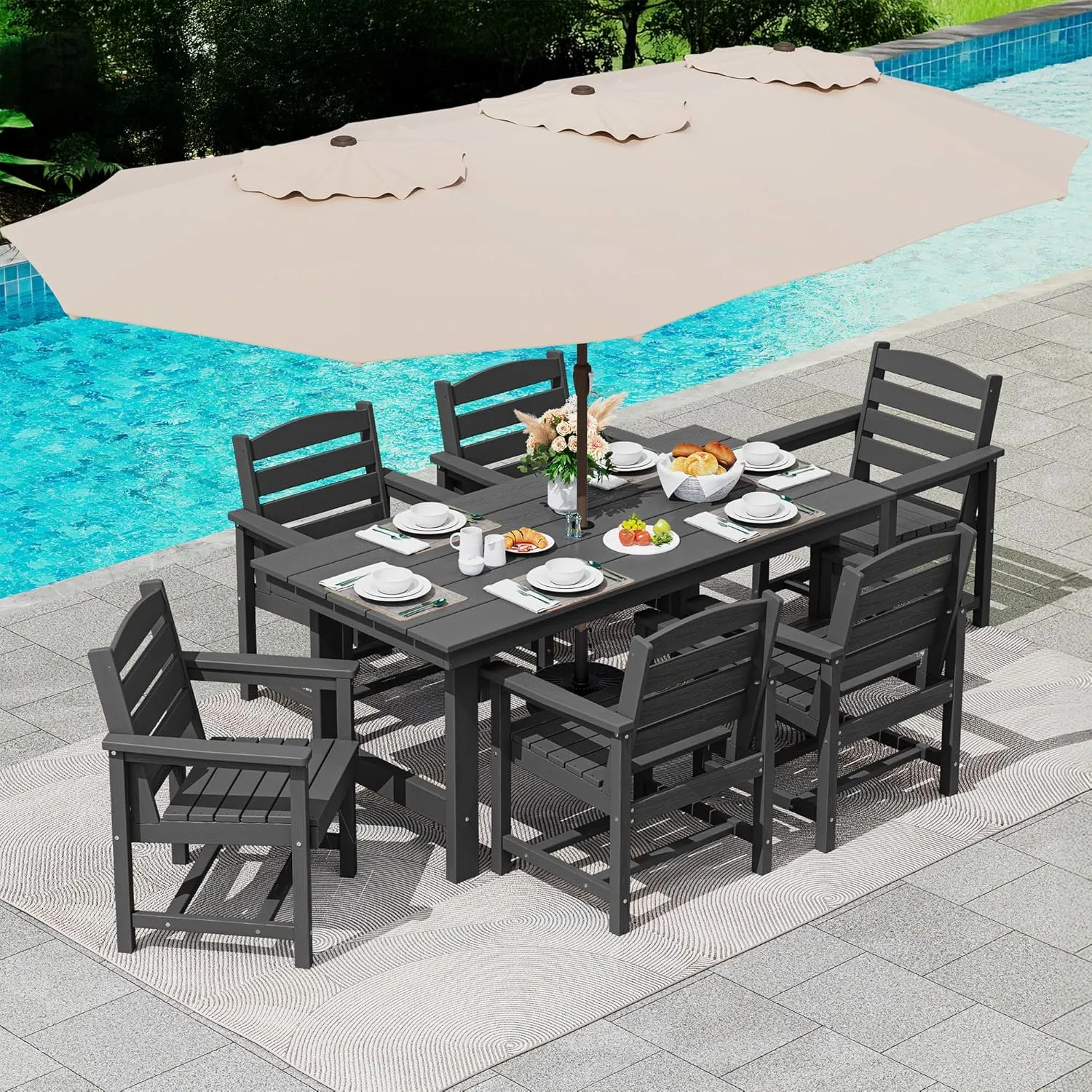 SERWALL 8-Piece Patio Dining Sets with 15FT Double Side Patio Umbrella, Outdoor HDPE Dining Furniture Set with Umbrella Hole Cut-Out Table and 6 Chairs, Black