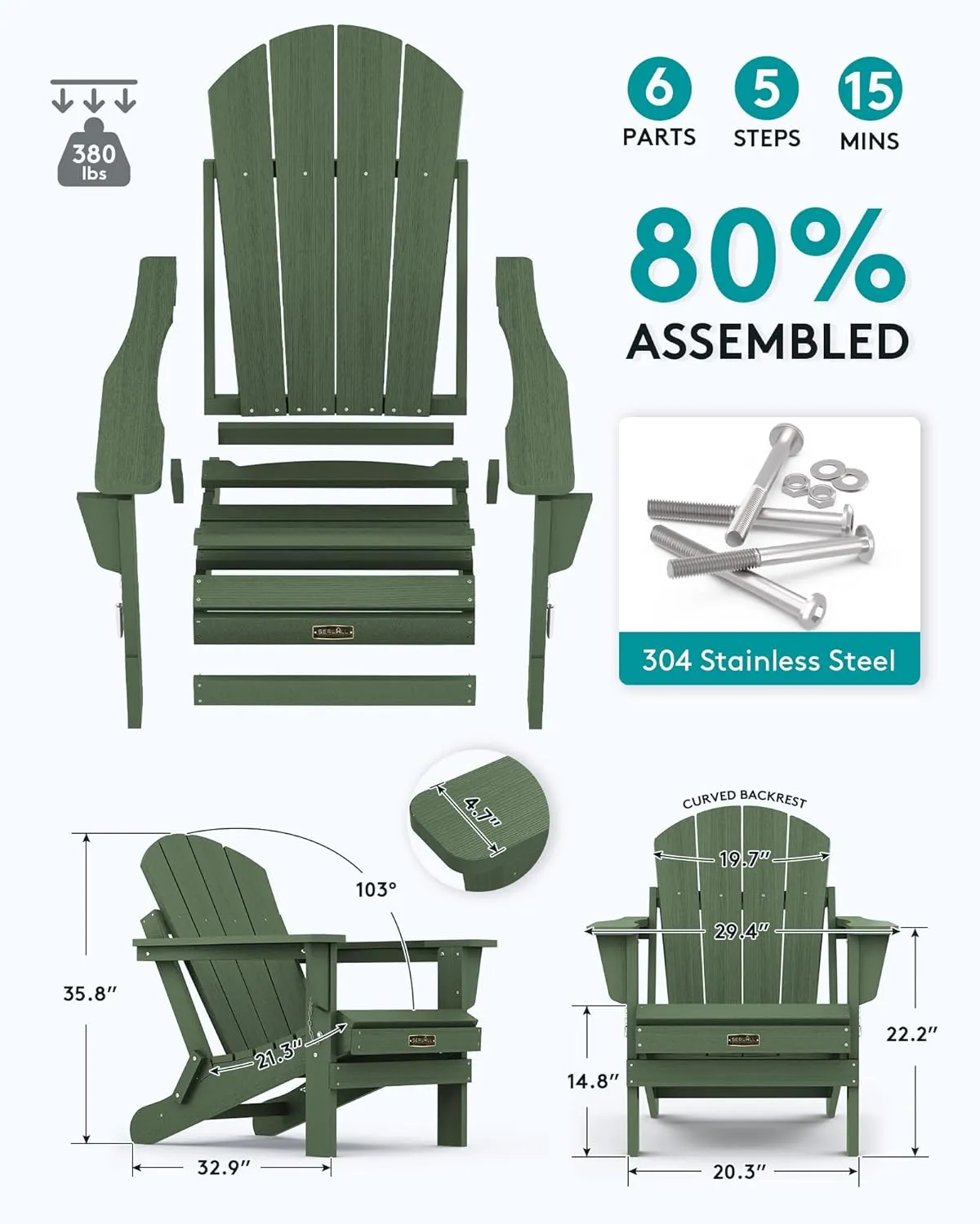 SERWALL Adirondack Chair for Patio Garden Outdoors Fire Pit- Army