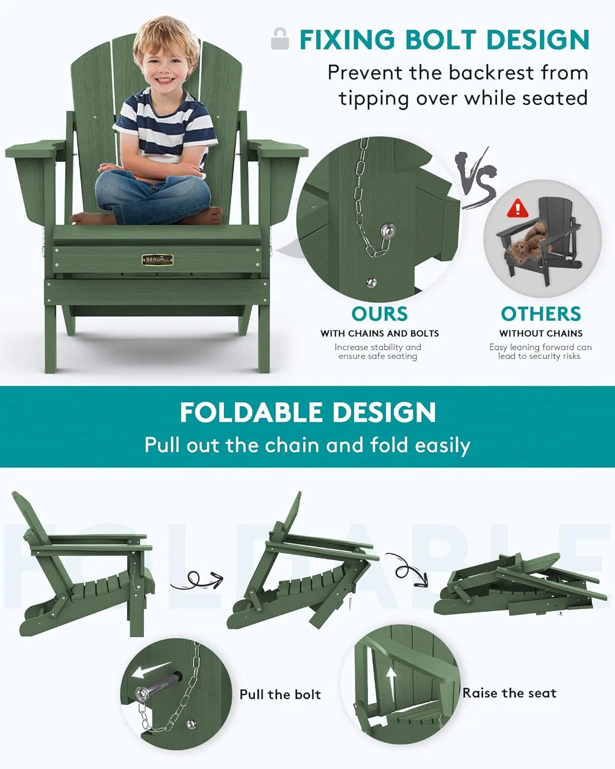 SERWALL Adirondack Chair for Patio Garden Outdoors Fire Pit- Army