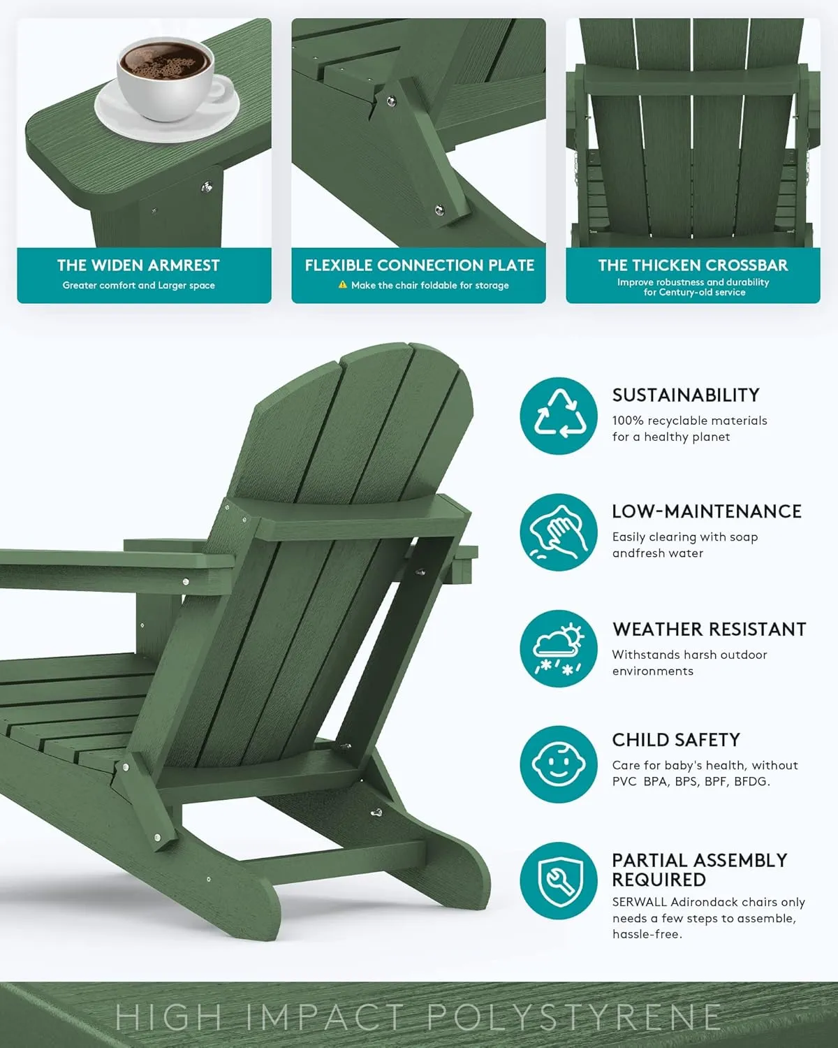 SERWALL Adirondack Chair for Patio Garden Outdoors Fire Pit- Army