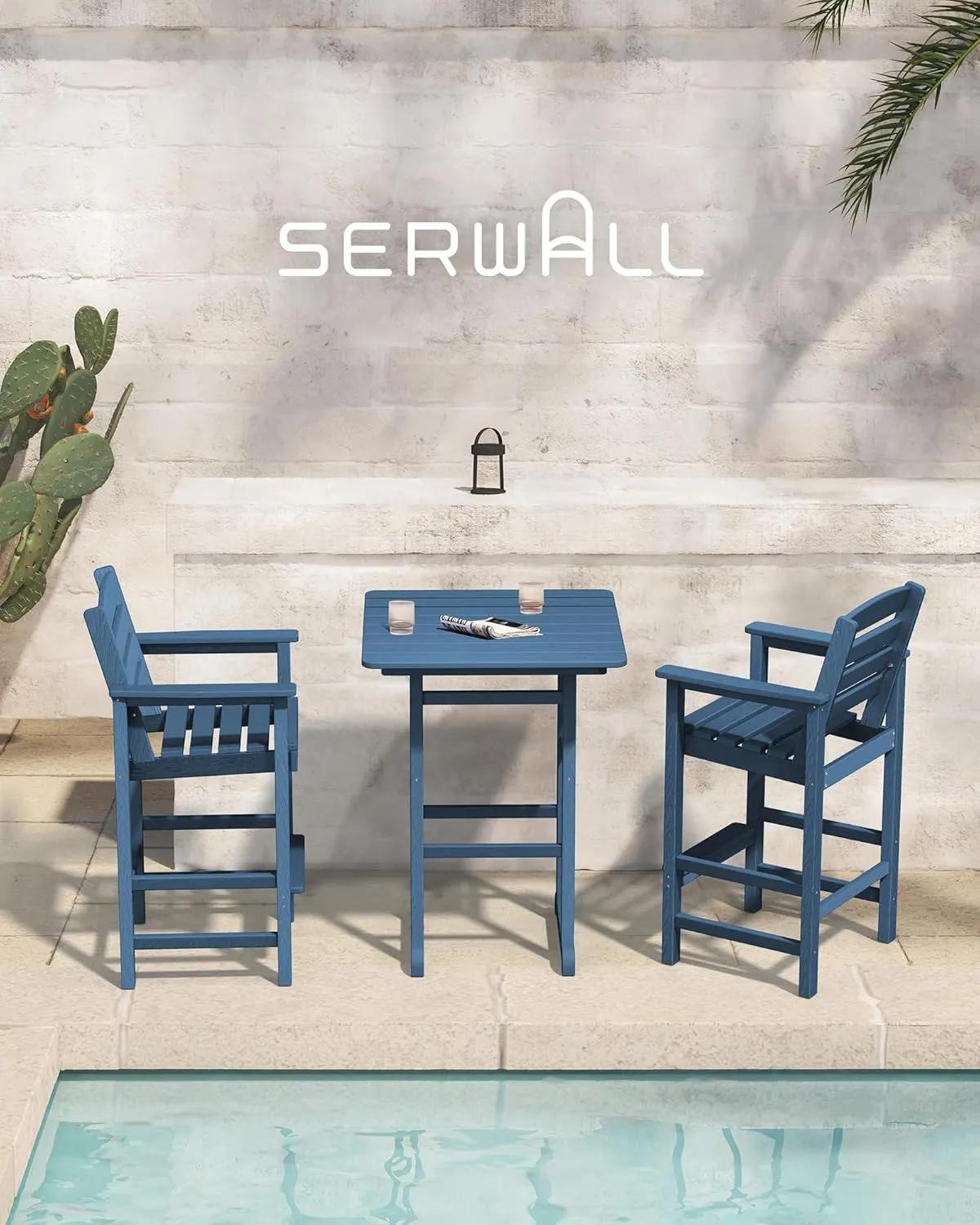 SERWALL Balcony Adirondack Chairs and Table 3 Pieces Set, Adirondack Bar Height Chairs Set of 2 and Bar Table, Outdoor Bar Stools Set for Bistro, Poolside, Backyard, Blue
