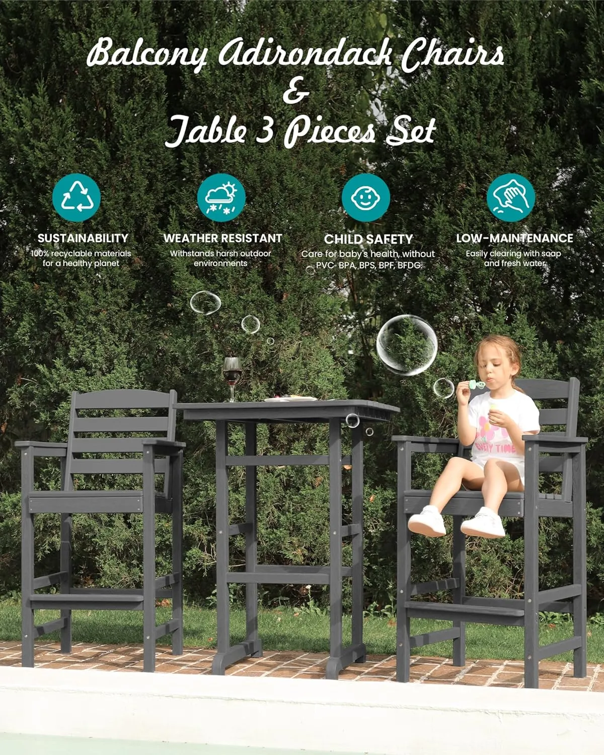 SERWALL Balcony Adirondack Chairs and Table 3 Pieces Set, Oversize Adirondack Bar Height Chairs Set of 2 and Bar Table, Outdoor Bar Stools Set, Gray