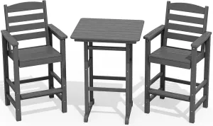 SERWALL Balcony Adirondack Chairs and Table 3 Pieces Set, Oversize Adirondack Bar Height Chairs Set of 2 and Bar Table, Outdoor Bar Stools Set, Gray