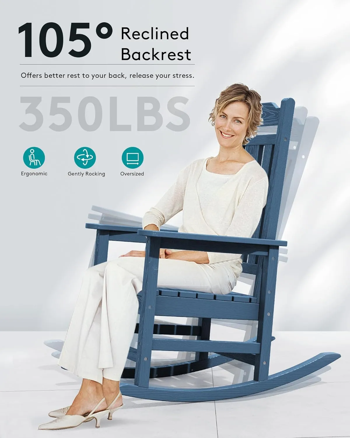SERWALL Blue Outdoor Rocking Chair Set of 2, All Weather Patio Rocking Chair, HDPE Poly Rocking Chair for Adults, Heavy Duty Front Porch Rocker
